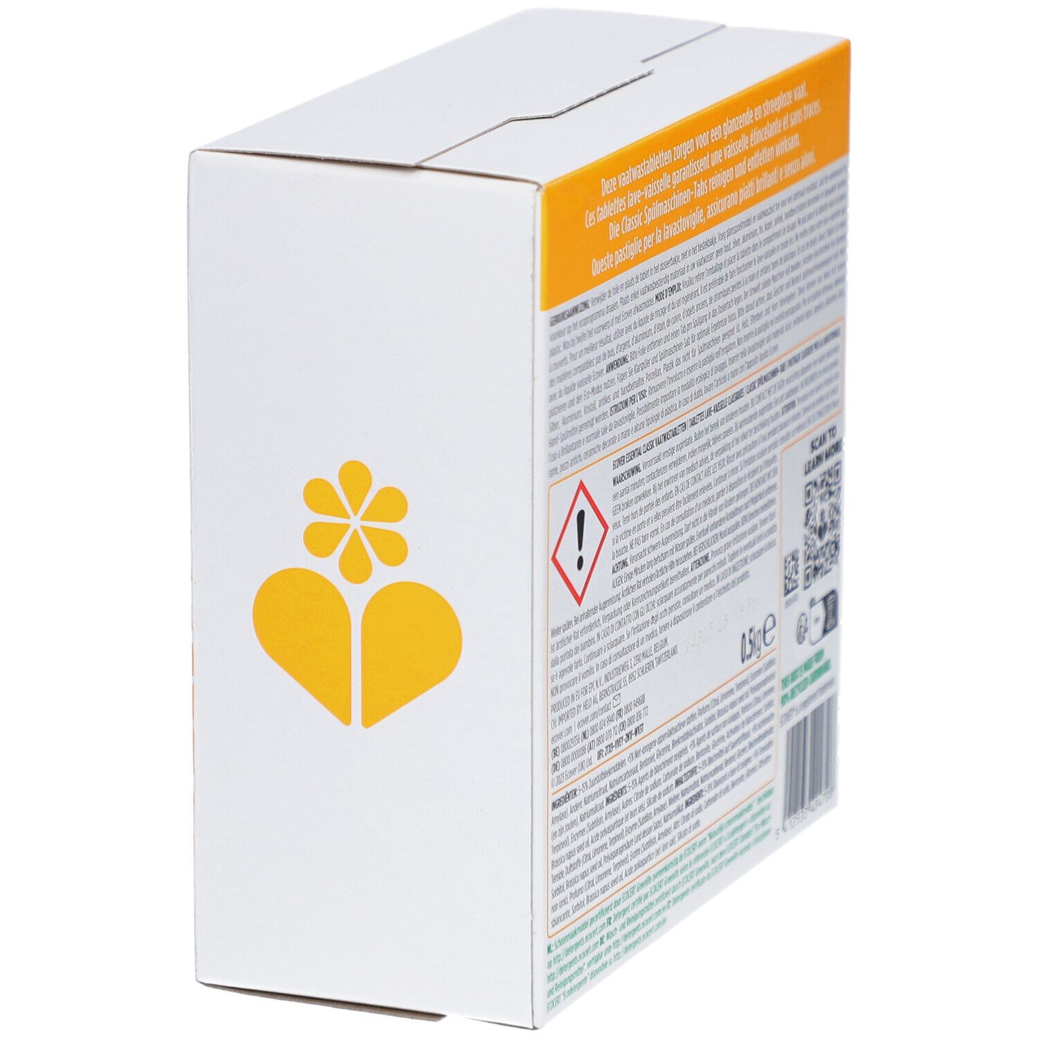 Rückseite des weißen Kartons mit Text und Warnsymbolen. Enthält 0,5 kg Spülmaschinentabs. QR-Code.