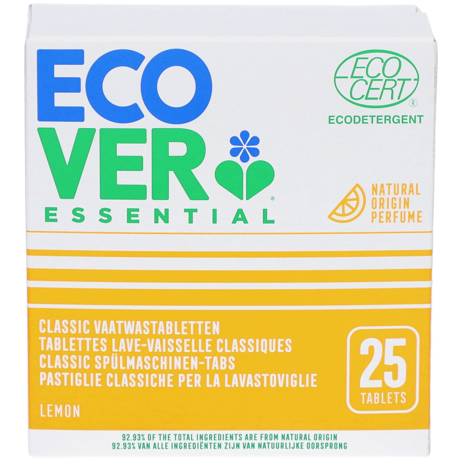 Weißer Karton mit ECOVER-Logo, grüner Schrift und gelben Akzenten. Enthält 25 Spülmaschinentabs. ECOCERT-Siegel.