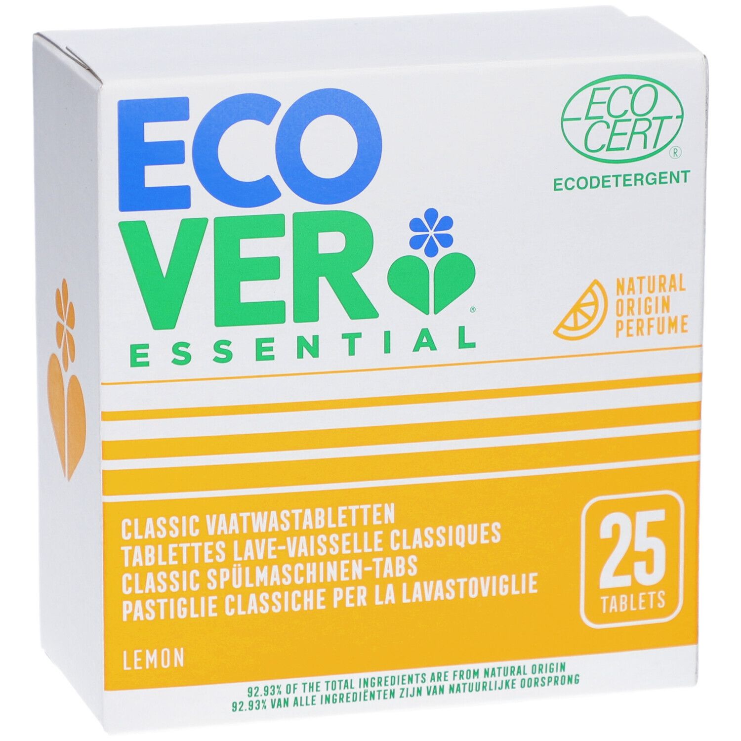 Weißer Karton mit ECOVER-Logo, grüner Schrift und gelben Akzenten. Enthält 25 Spülmaschinentabs. ECOCERT-Siegel.