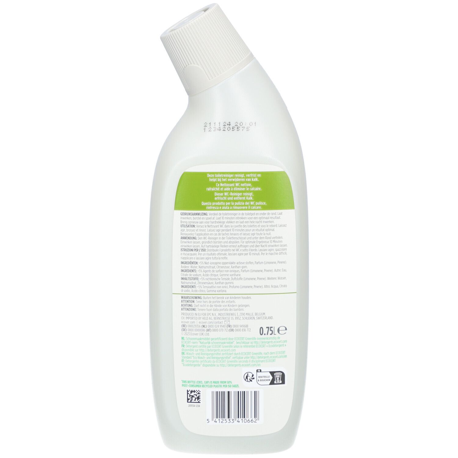 Rückseite der weißen Flasche. Etikett mit Inhaltsstoffen und Informationen. ECO CERT-Siegel. 0,75 l.