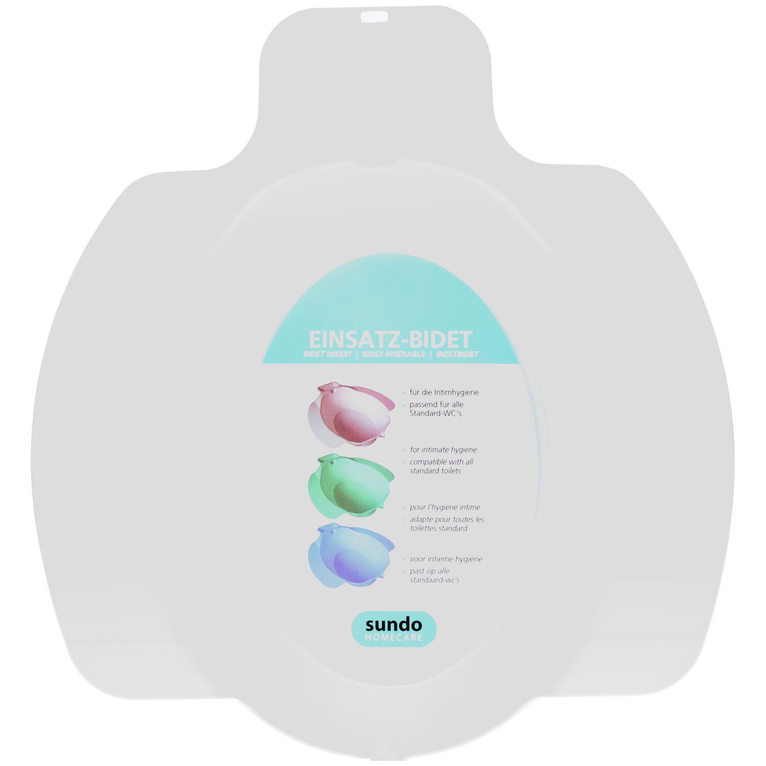 Weißer Bidet-Einsatz. Ovale Form mit Aufsatz. Text: Einsatz-Bidet, SUNDO. Illustrationen in Rosa, Grün und Blau.