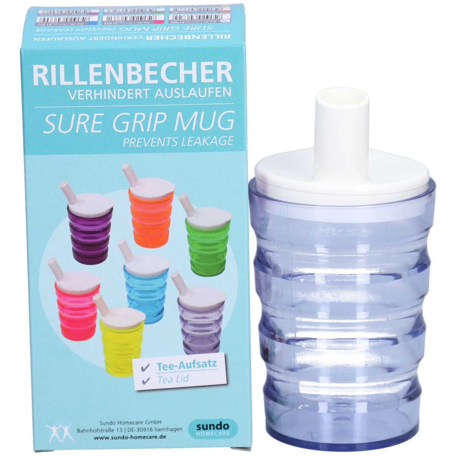 Blauer Sure Grip Becher mit gerillter Oberfläche und weißem Deckel mit Trinkaufsatz. Verpackung zeigt bunte Becher.