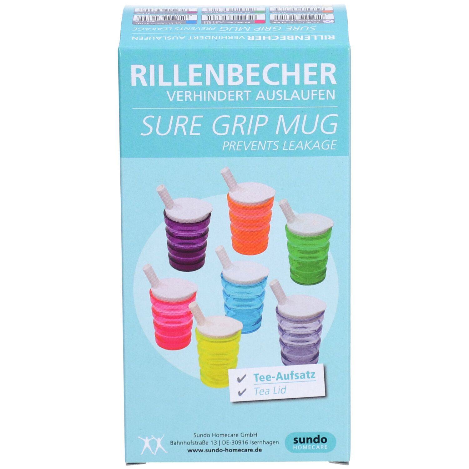Verpackung mit sechs Sure Grip Bechern in verschiedenen Farben (lila, orange, grün, pink, blau, gelb) mit Deckeln.