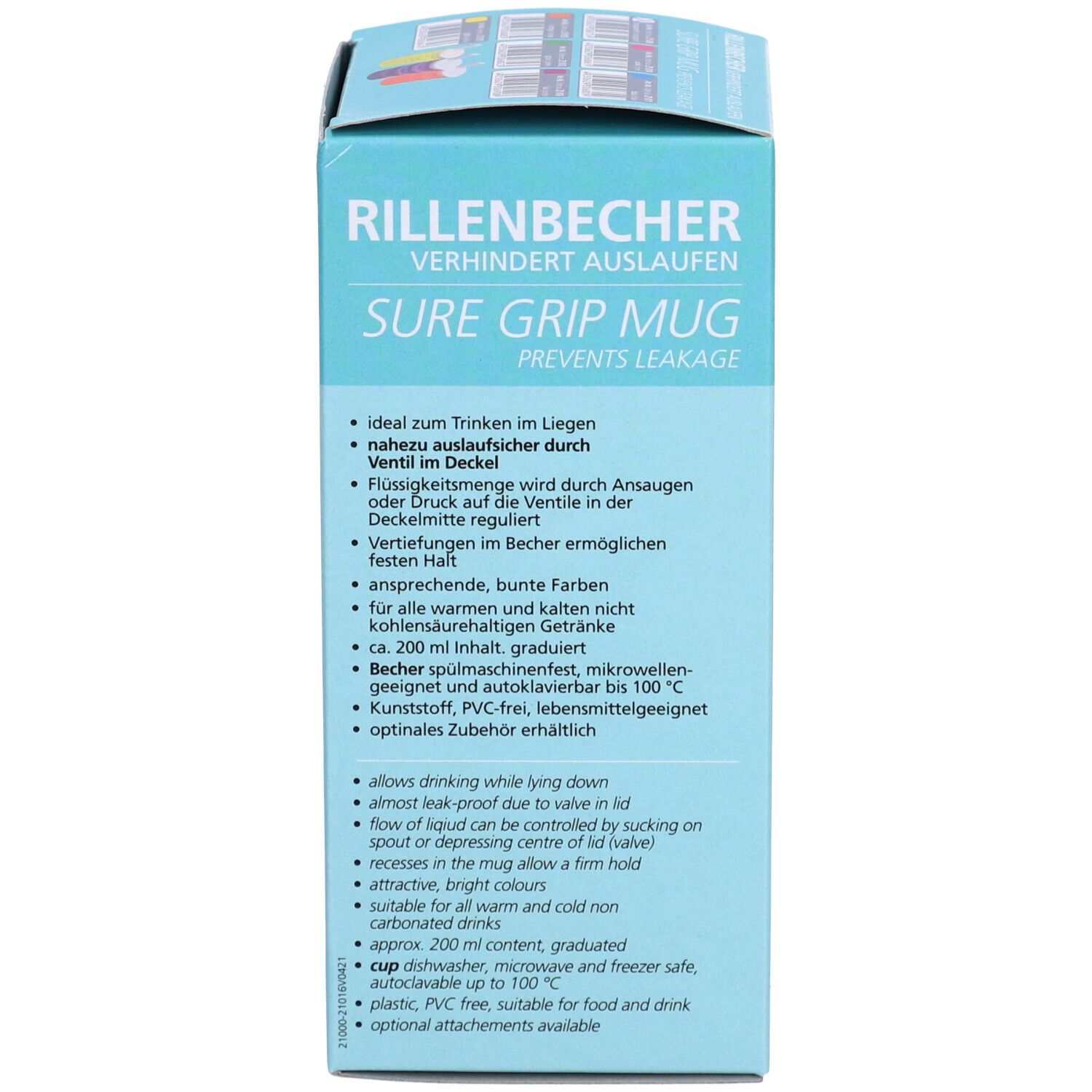 Verpackung für einen "Sure Grip Mug" Becher, der Auslaufen verhindert. Enthält Produktinformationen und Spezifikationen.