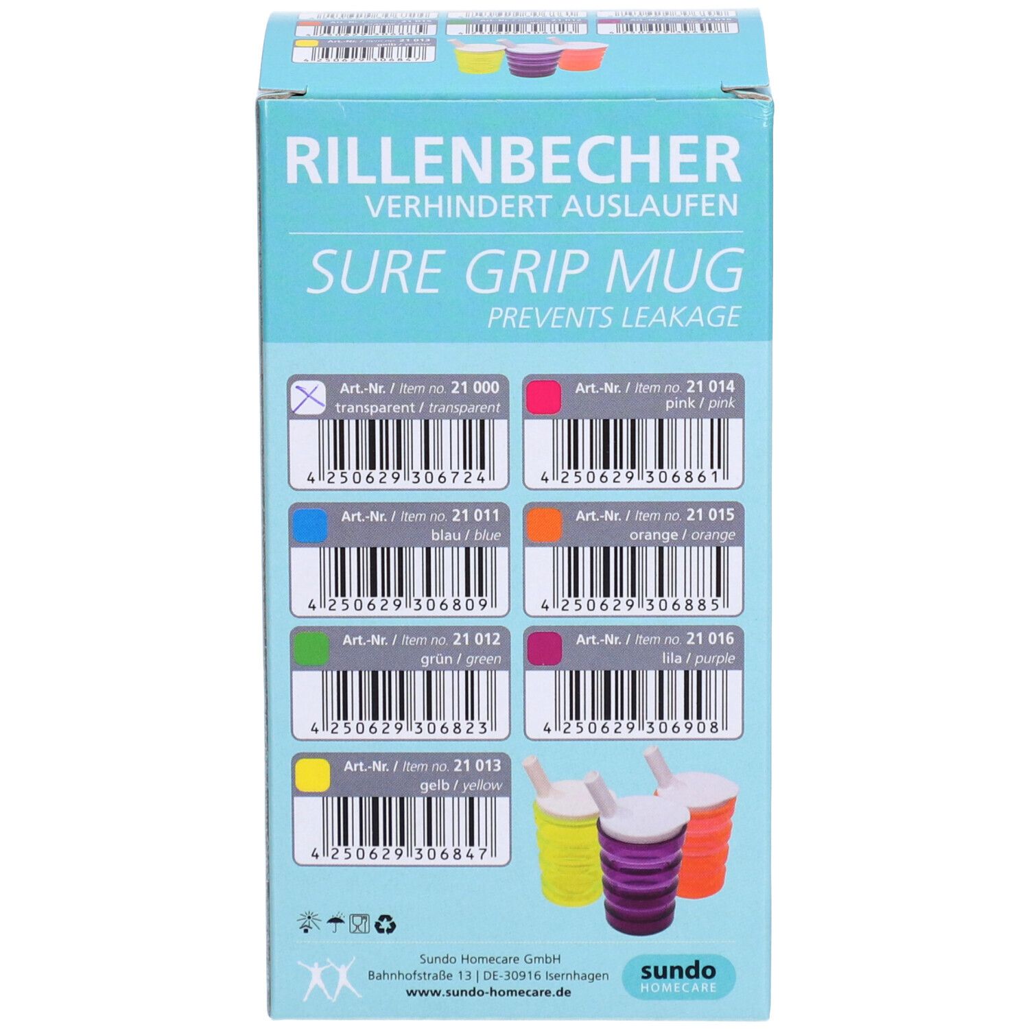 Verpackung für Rillenbecher, verhindert Auslaufen. Zeigt Farben: transparent, pink, blau, orange, grün, lila, gelb.