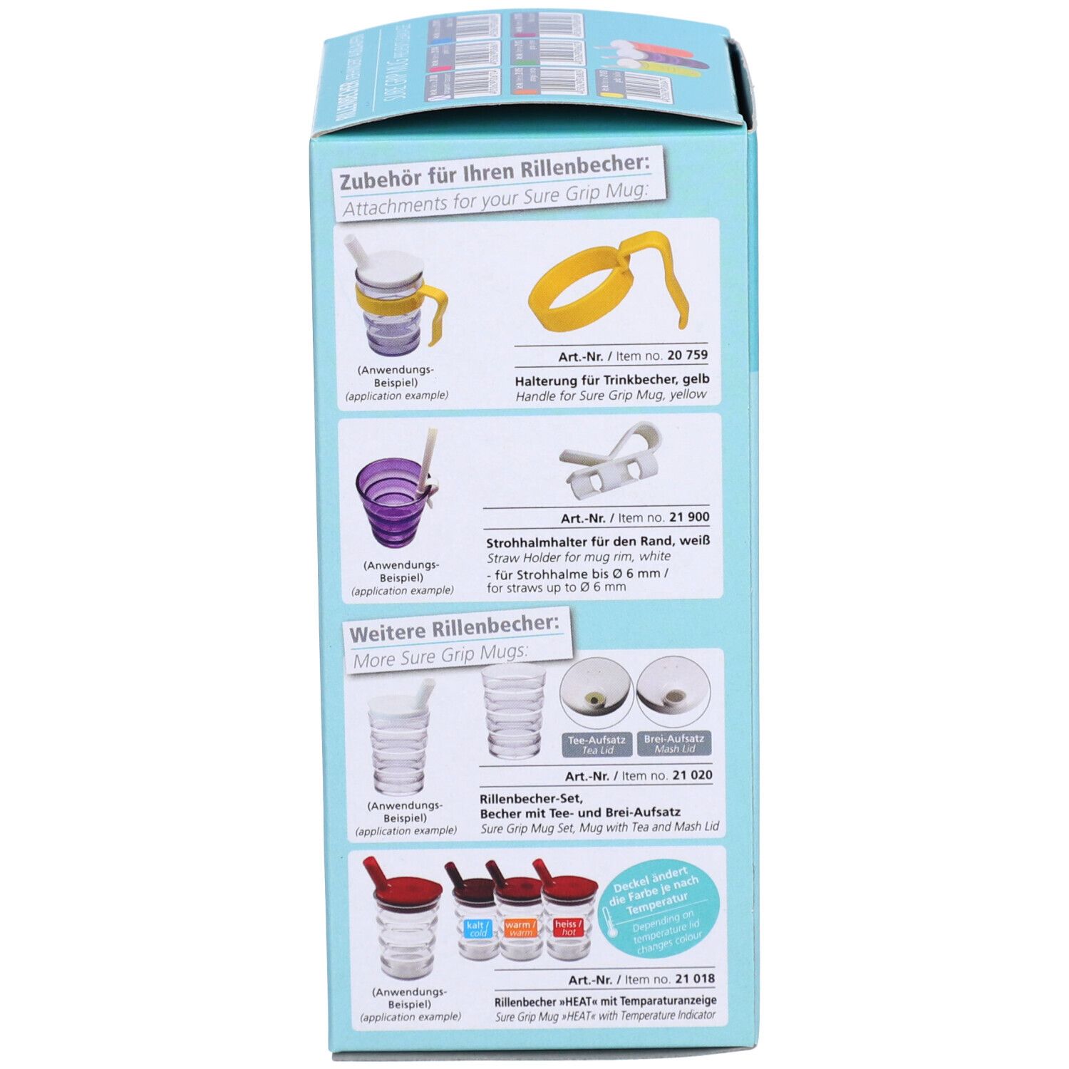 Verpackung zeigt Zubehör für Sure Grip Becher: Griff, Strohhalmhalter und Becher-Sets.