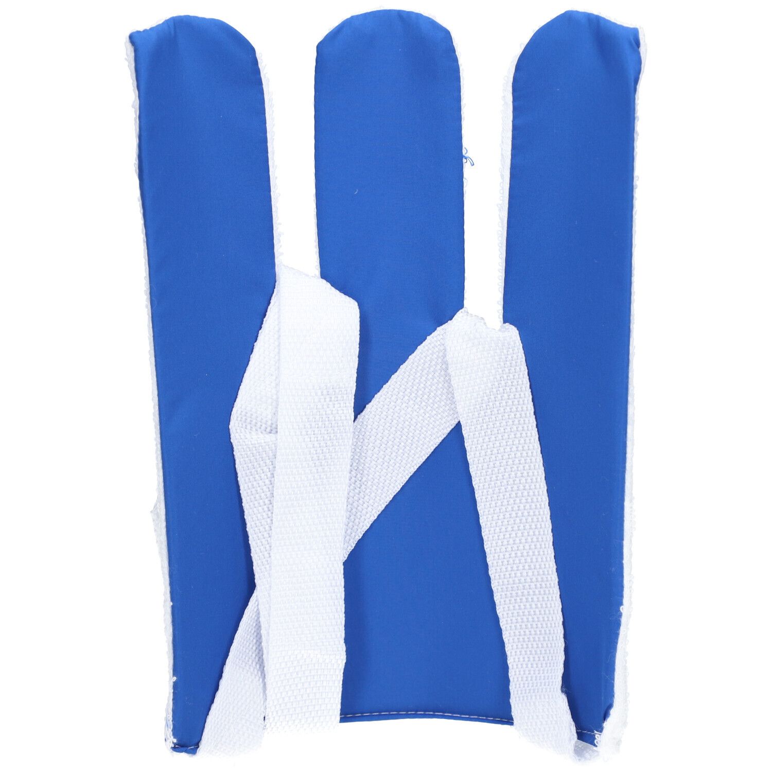 Blauer Strumpfanzieher mit weißen Bändern. Drei längliche, gepolsterte Elemente. Rückansicht.