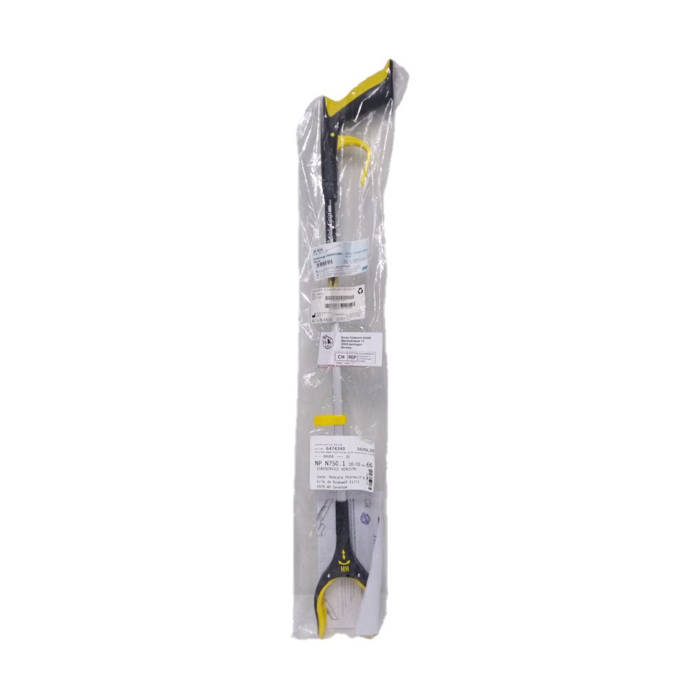 Greifzange, 81 cm lang, in Plastik verpackt. Gelbe und schwarze Elemente. Griff und Greifteil sichtbar.