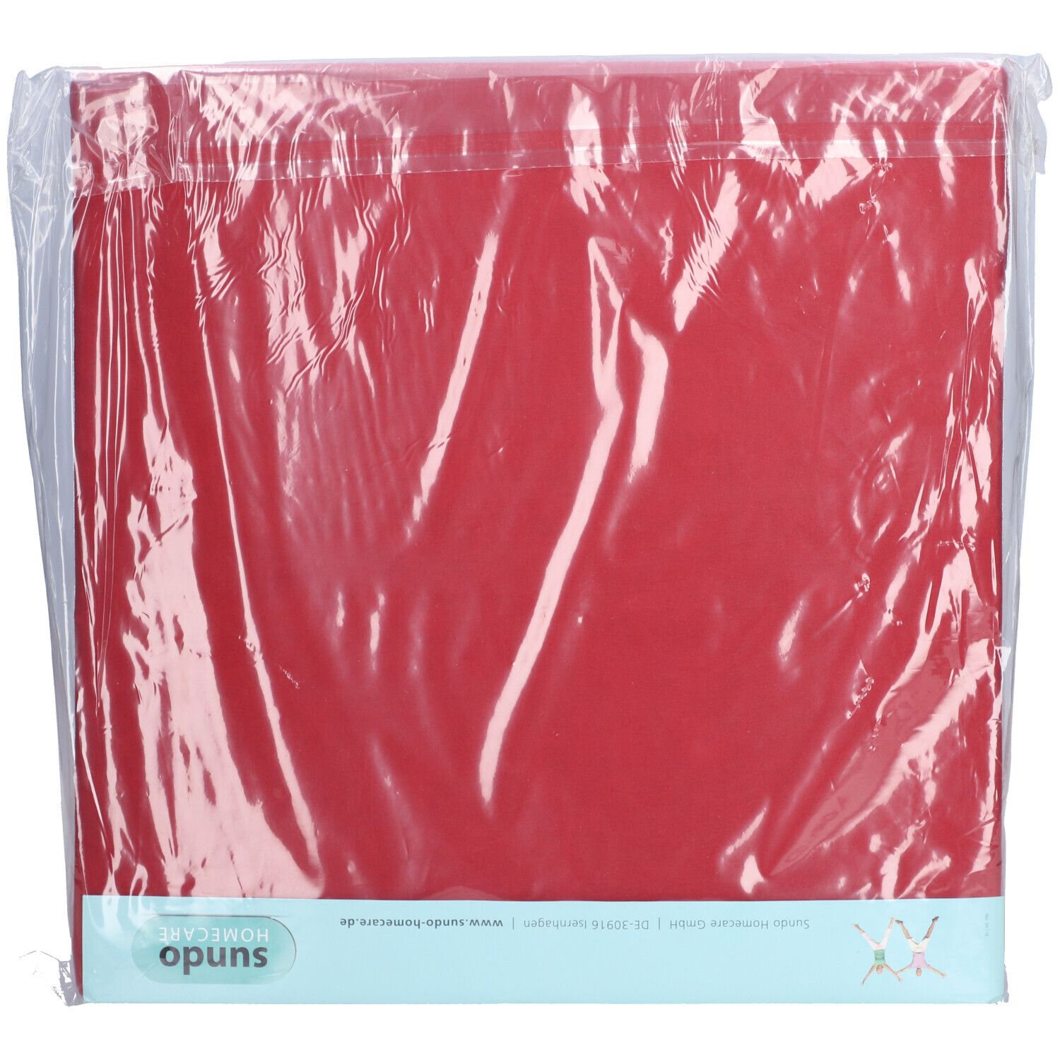 Rotes Keilkissen in Folienverpackung. Aufschrift: SUNDO. Produkt in Folie verpackt.