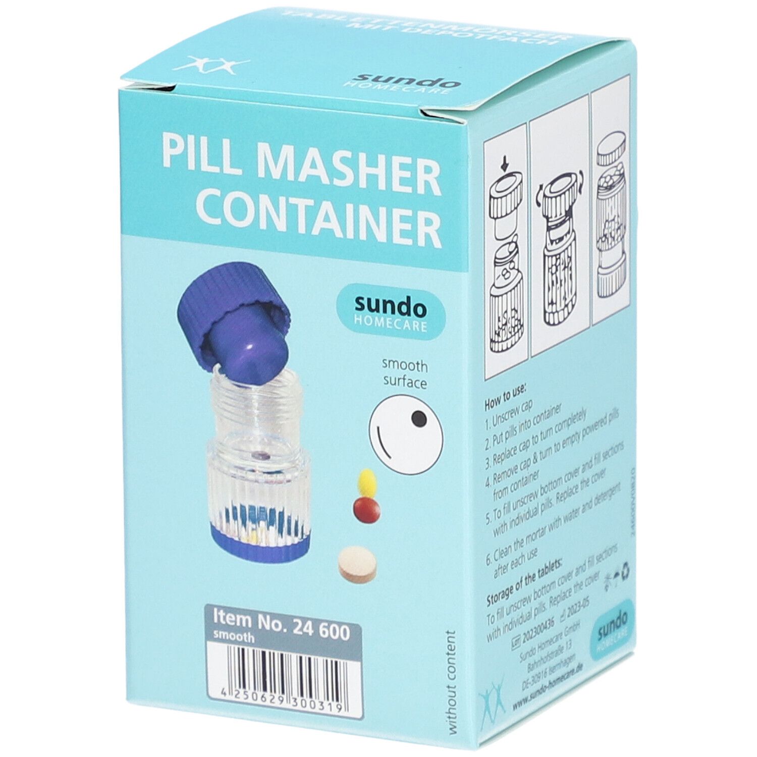 Pillenschneider und -behälter mit blauem Deckel und transparentem Körper.