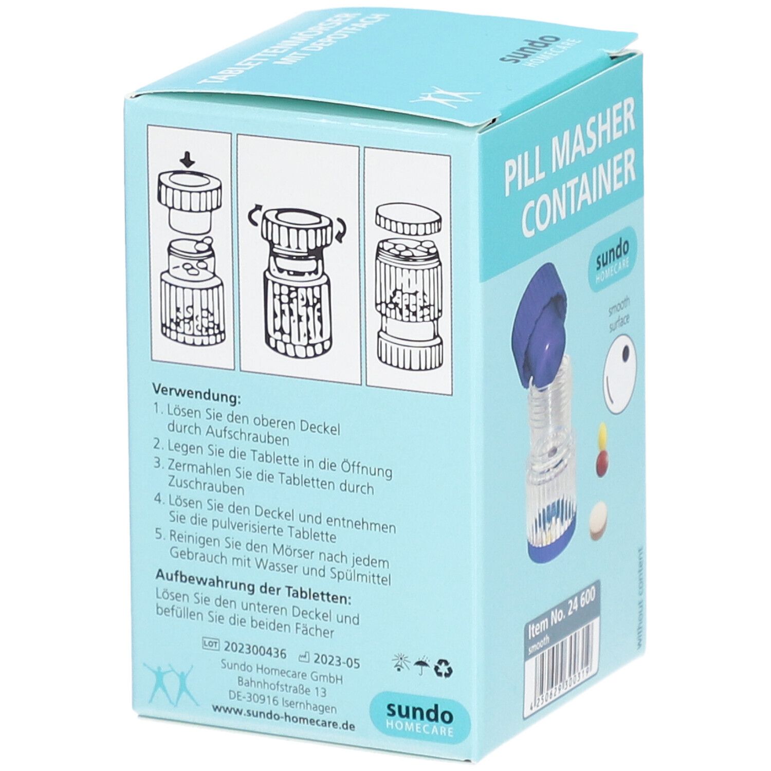 Sundo Pill Masher Container Verpackung mit Gebrauchsanleitung und Abbildungen.