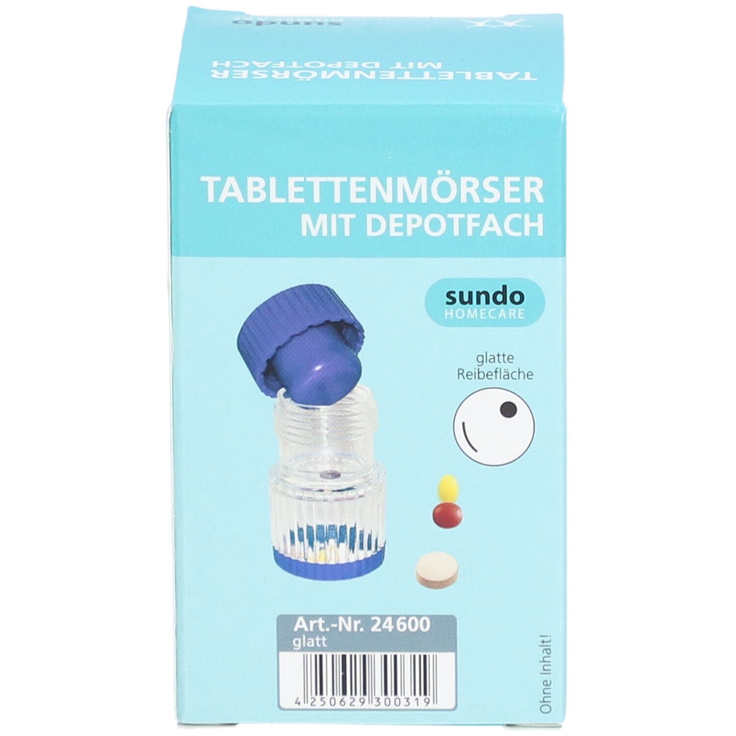 Tablettenmörser mit Depotfach, blauem Deckel und glatter Reibefläche.