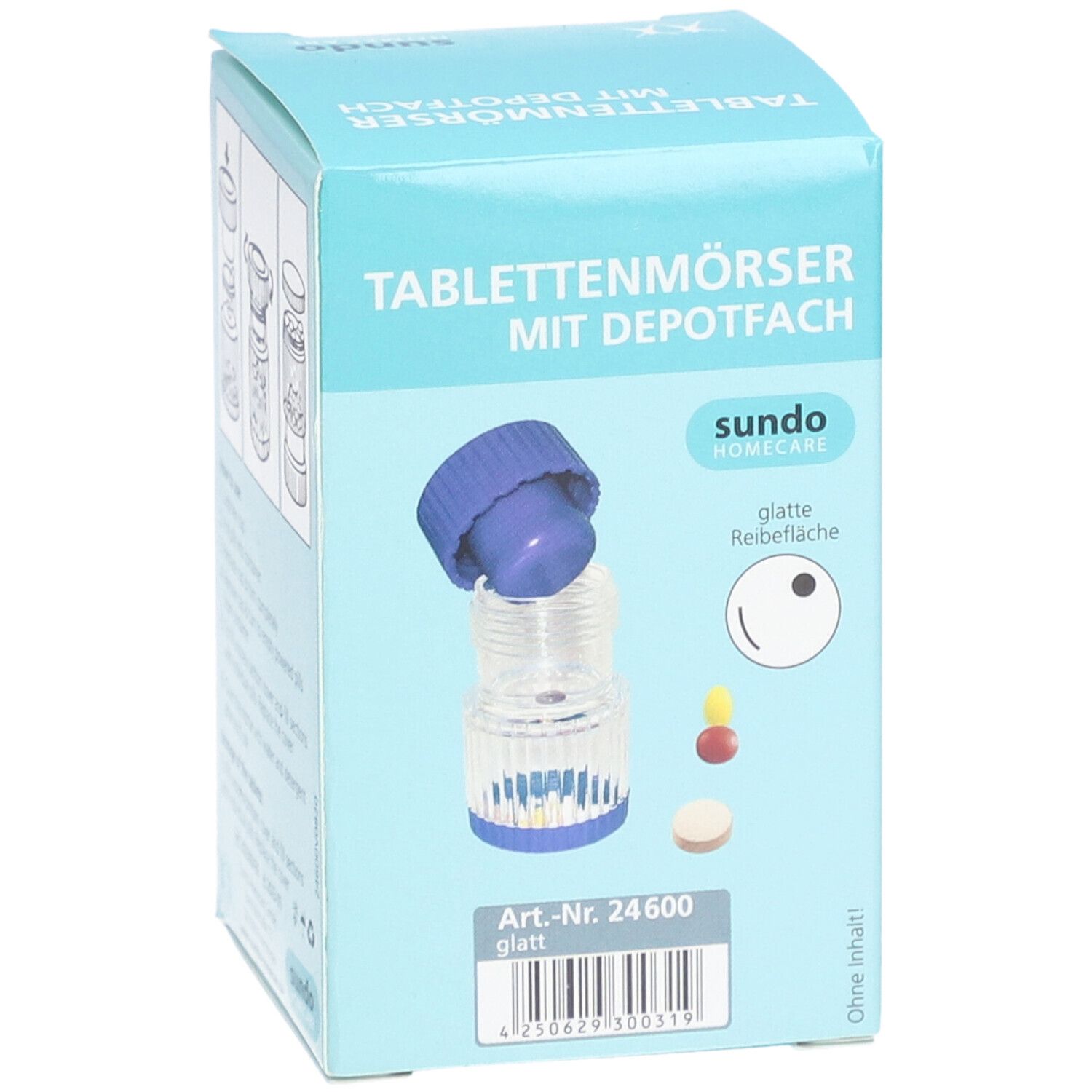 Tablettenmörser mit Depotfach, blauem Deckel und transparentem Behälter. Enthält Pillen in verschiedenen Farben.