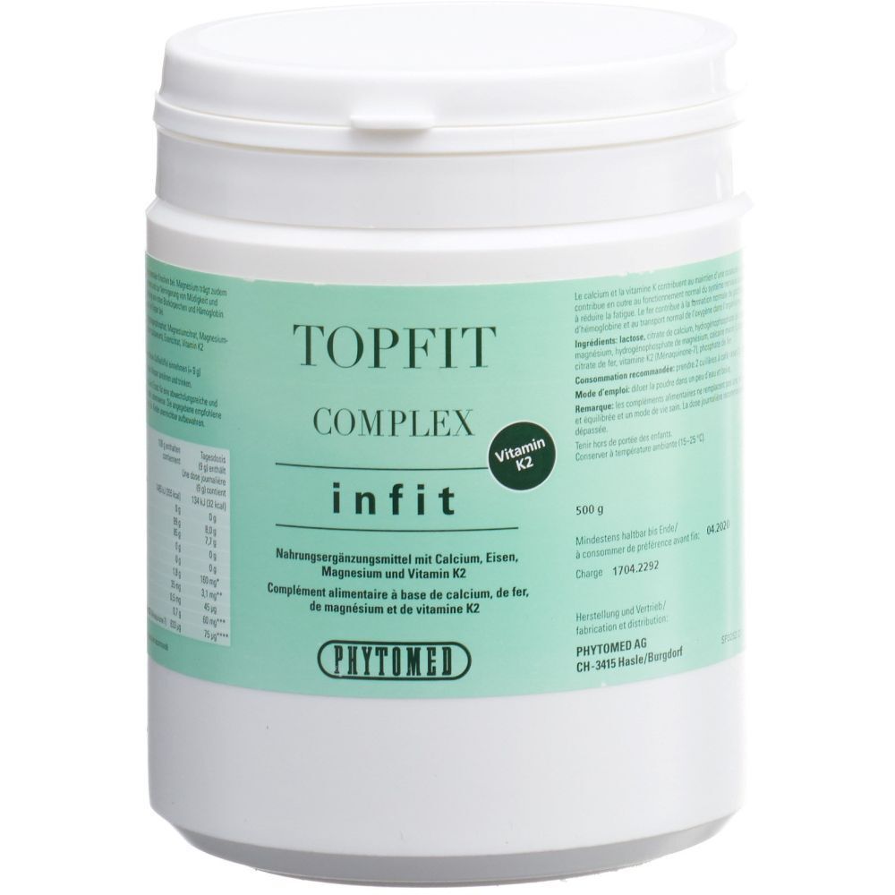 Weißer Behälter mit grünem Etikett. Aufschrift: TOPFIT COMPLEX infit, Vitamin K2. PHYTOMED Logo.
