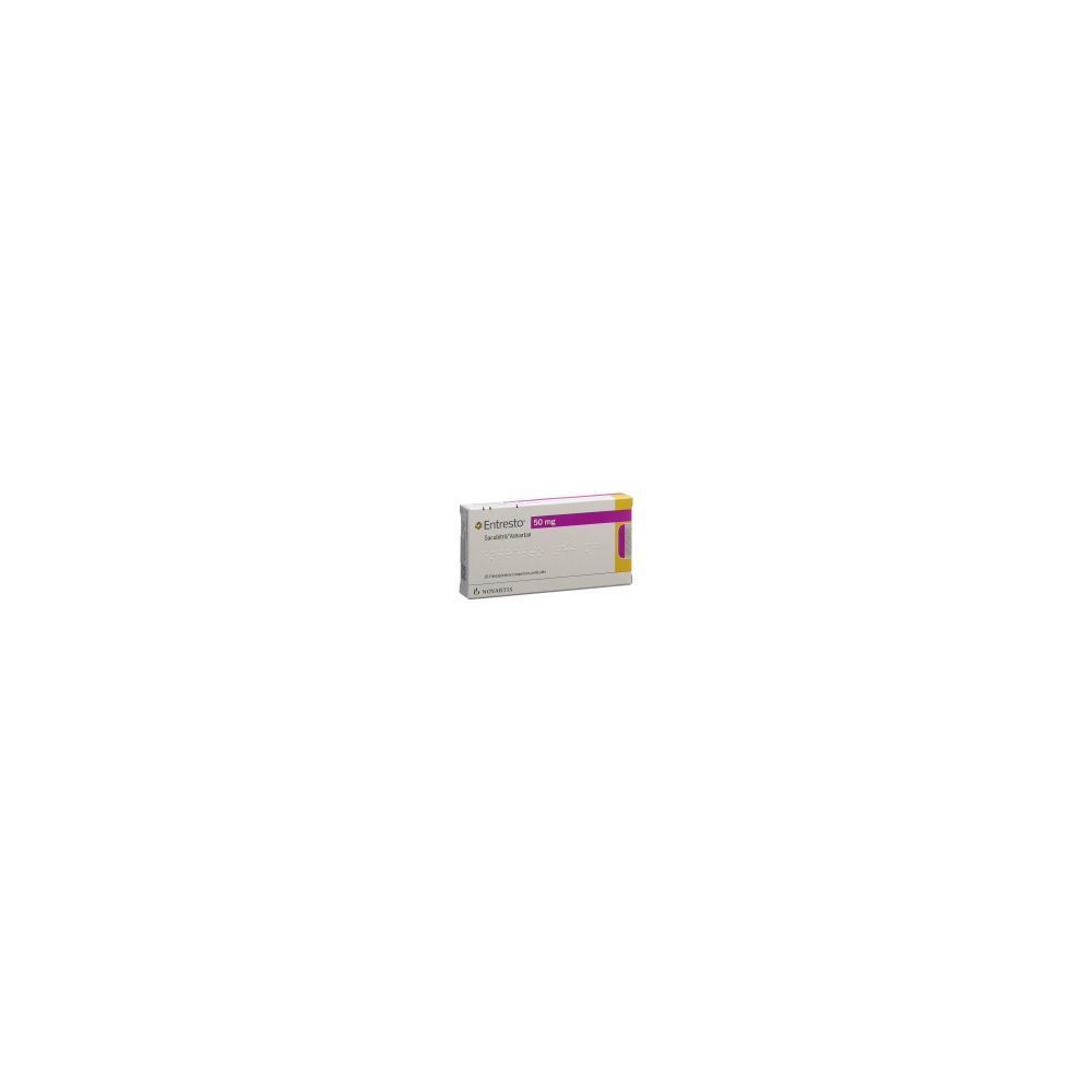 Schachtel mit Medikamenten. Aufschrift: ENTRESTO Filmtabl 50 mg. Lila und gelbe Akzente. 28 Tabletten.