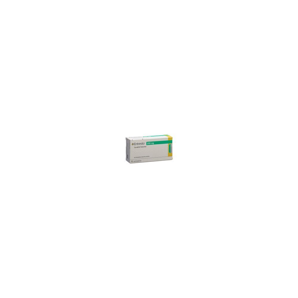Schachtel mit Medikamenten. Aufschrift: ENTRESTO Filmtabl 200 mg. Grün-gelbe Akzente. 56 Stück.