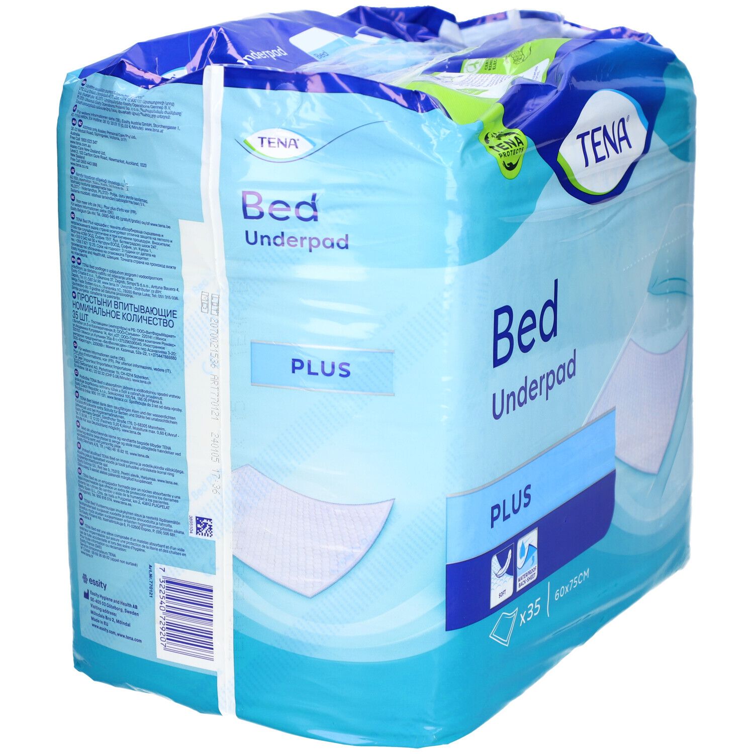 Emballage TENA Bed Underpad Plus. Dimensions 60x75cm. Contient 35 unités. Emballage bleu avec image du produit et logo.
