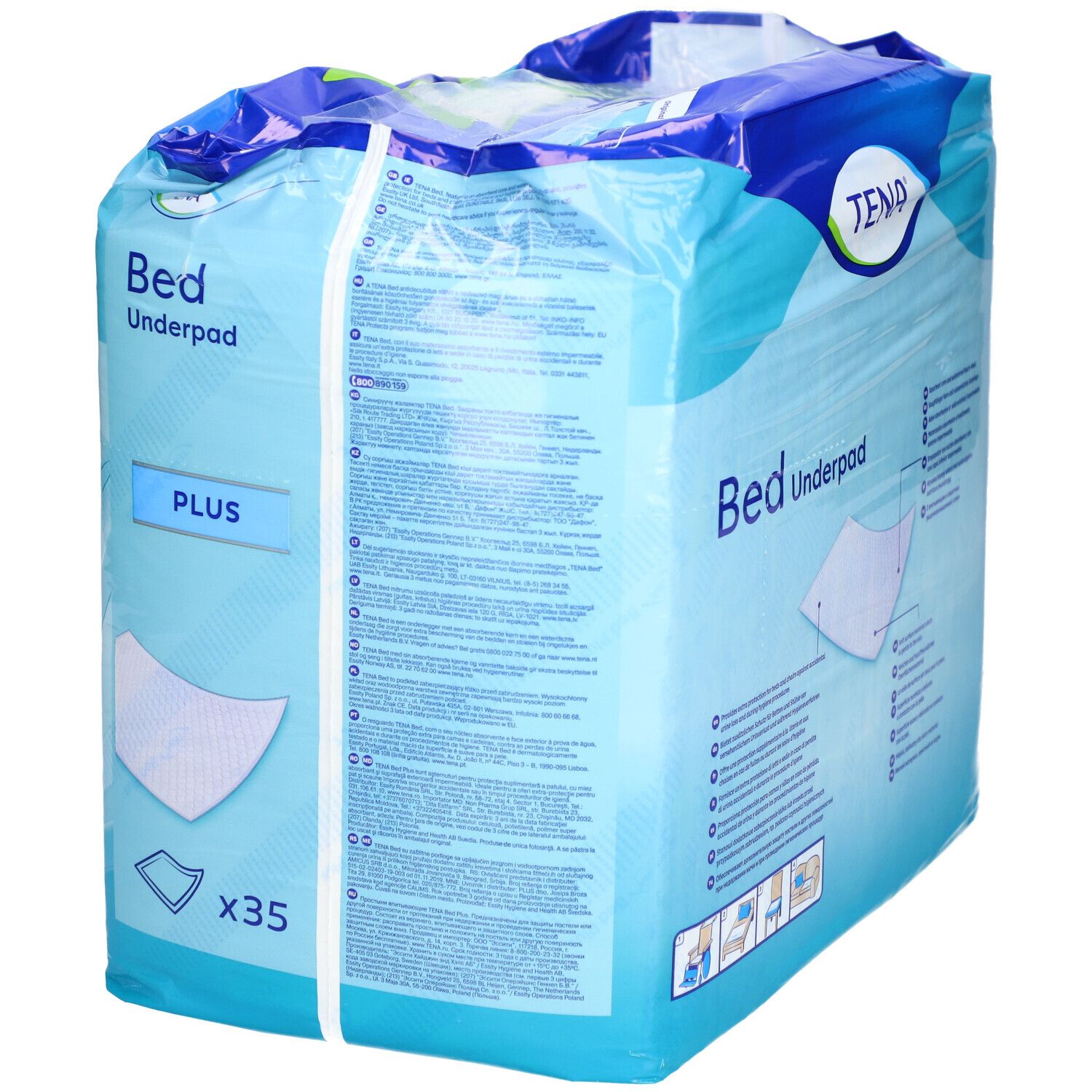 Emballage TENA Bed Underpad Plus. Dimensions 60x75cm. Contient 35 unités. Emballage bleu avec image du produit et logo.