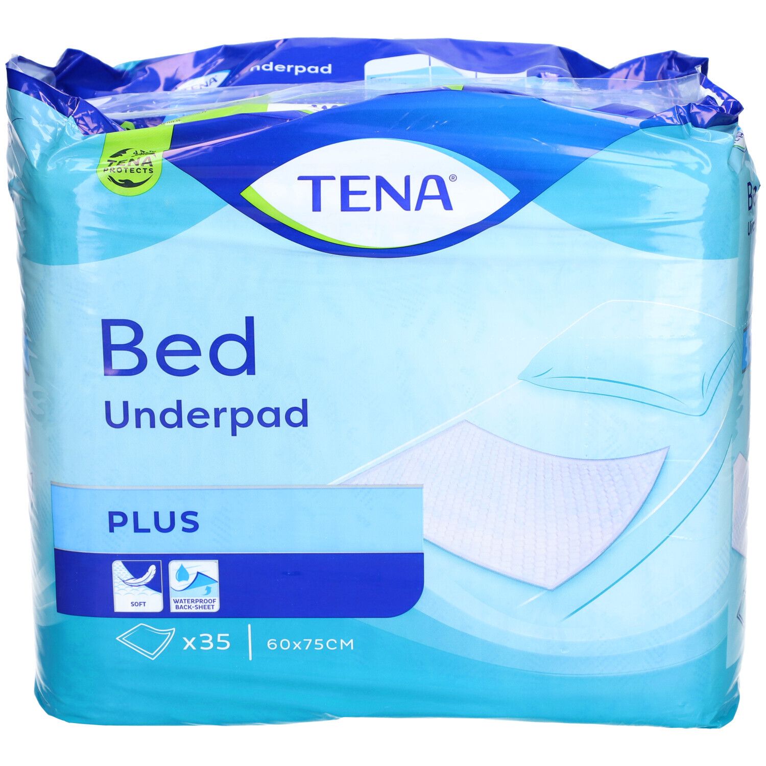 Emballage TENA Bed Underpad Plus. Dimensions 60x75cm. Contient 35 unités. Emballage bleu avec image du produit et logo.