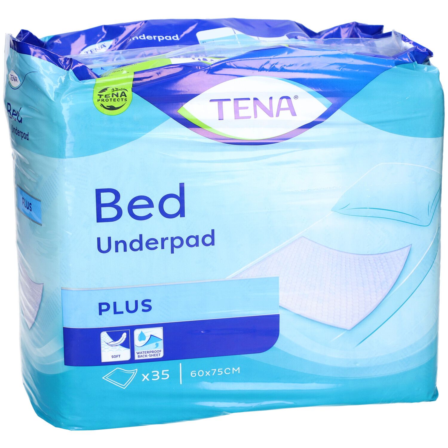 Emballage TENA Bed Underpad Plus. Dimensions 60x75cm. Contient 35 unités. Emballage bleu avec image du produit et logo.