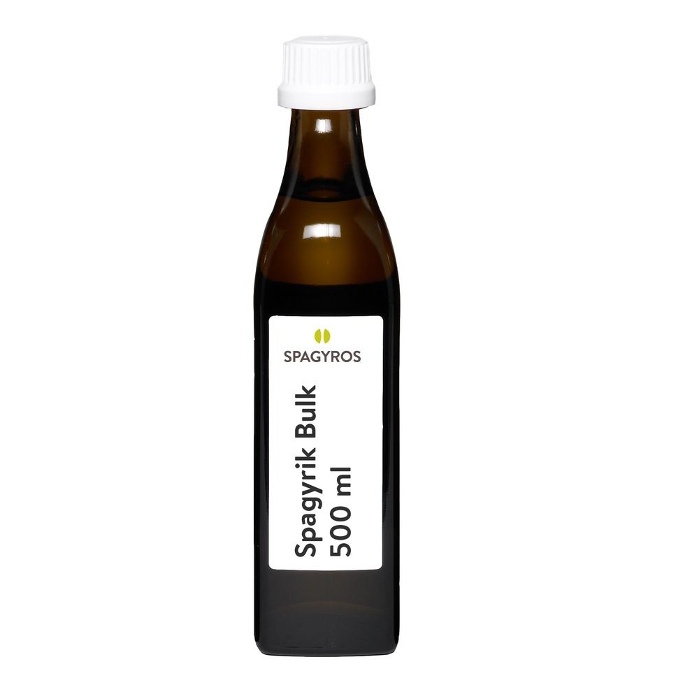 Braune Glasflasche mit weißem Verschluss. Etikett mit "SPAGYROS Bulk" und "500 ml".
