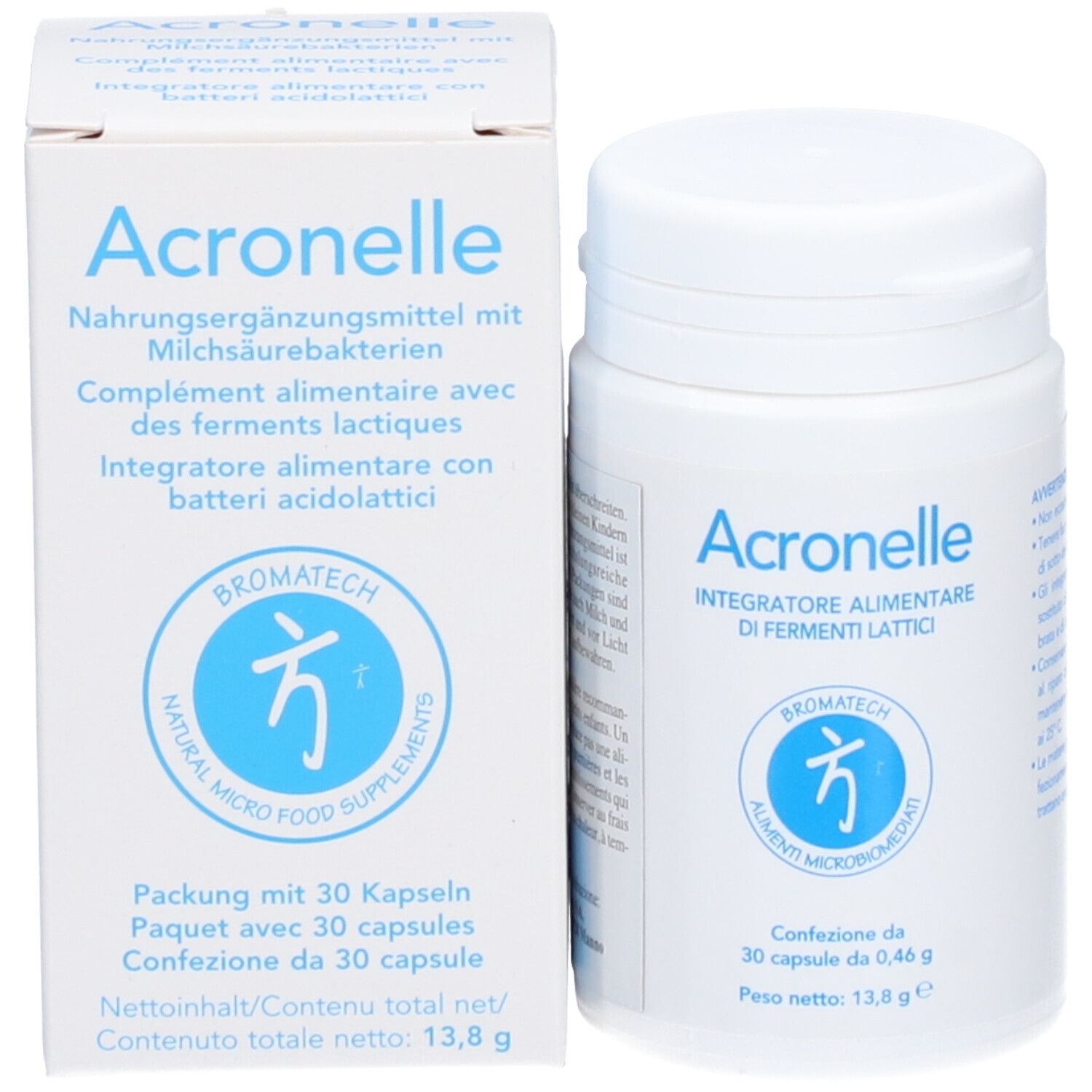 Emballage et flacon du produit. Inscription: Acronelle, complément alimentaire avec des ferments lactiques. Logo Bromatech.