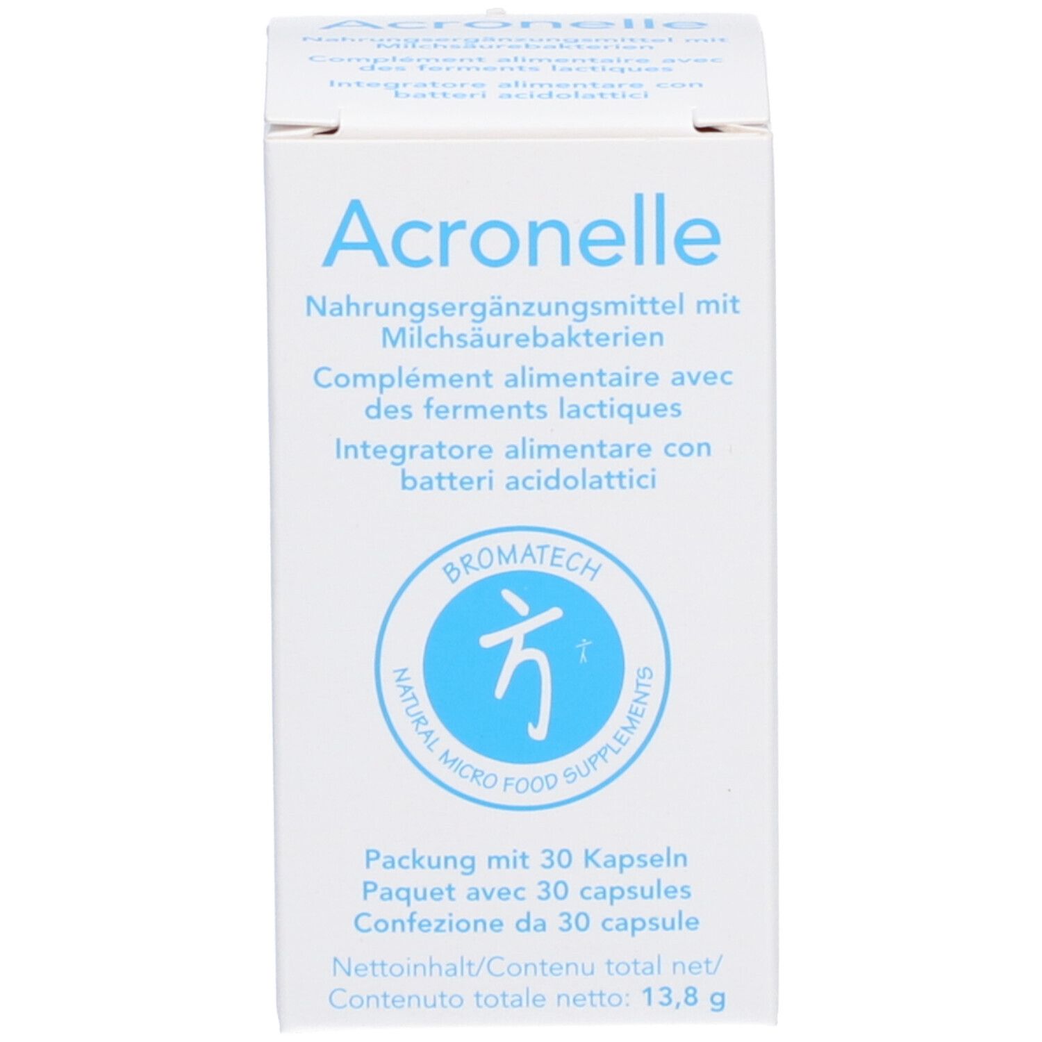 Emballage du produit. Inscription: Acronelle, complément alimentaire avec des ferments lactiques. Logo Bromatech.