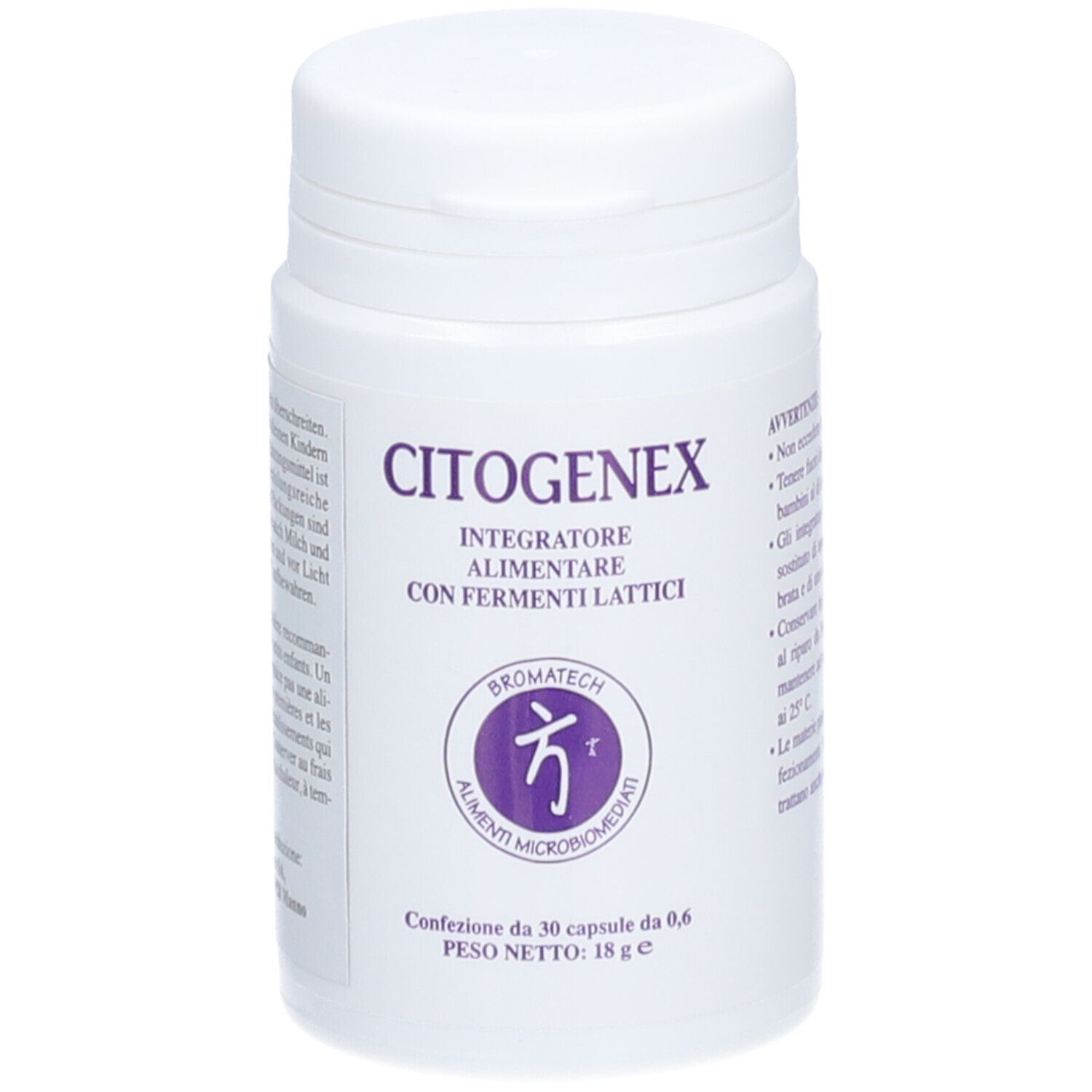 Weiße Flasche mit CITOGENEX-Aufdruck. Enthält 30 Kapseln. Logo von Bromatech. Text auf Italienisch.