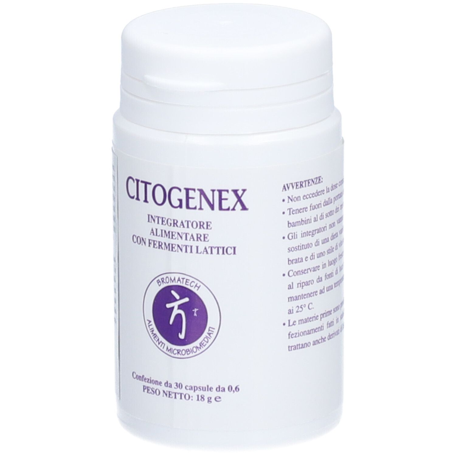 Weiße Flasche mit CITOGENEX-Aufdruck. Enthält 30 Kapseln. Logo von Bromatech. Text auf Italienisch.
