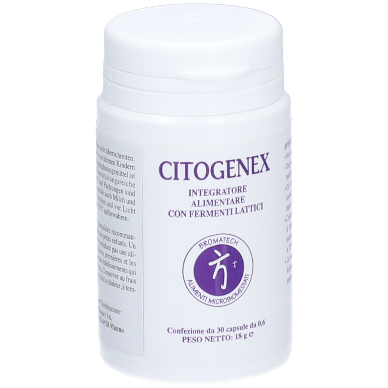 Weiße Flasche mit CITOGENEX-Aufdruck. Enthält 30 Kapseln. Logo von Bromatech. Text auf Italienisch.