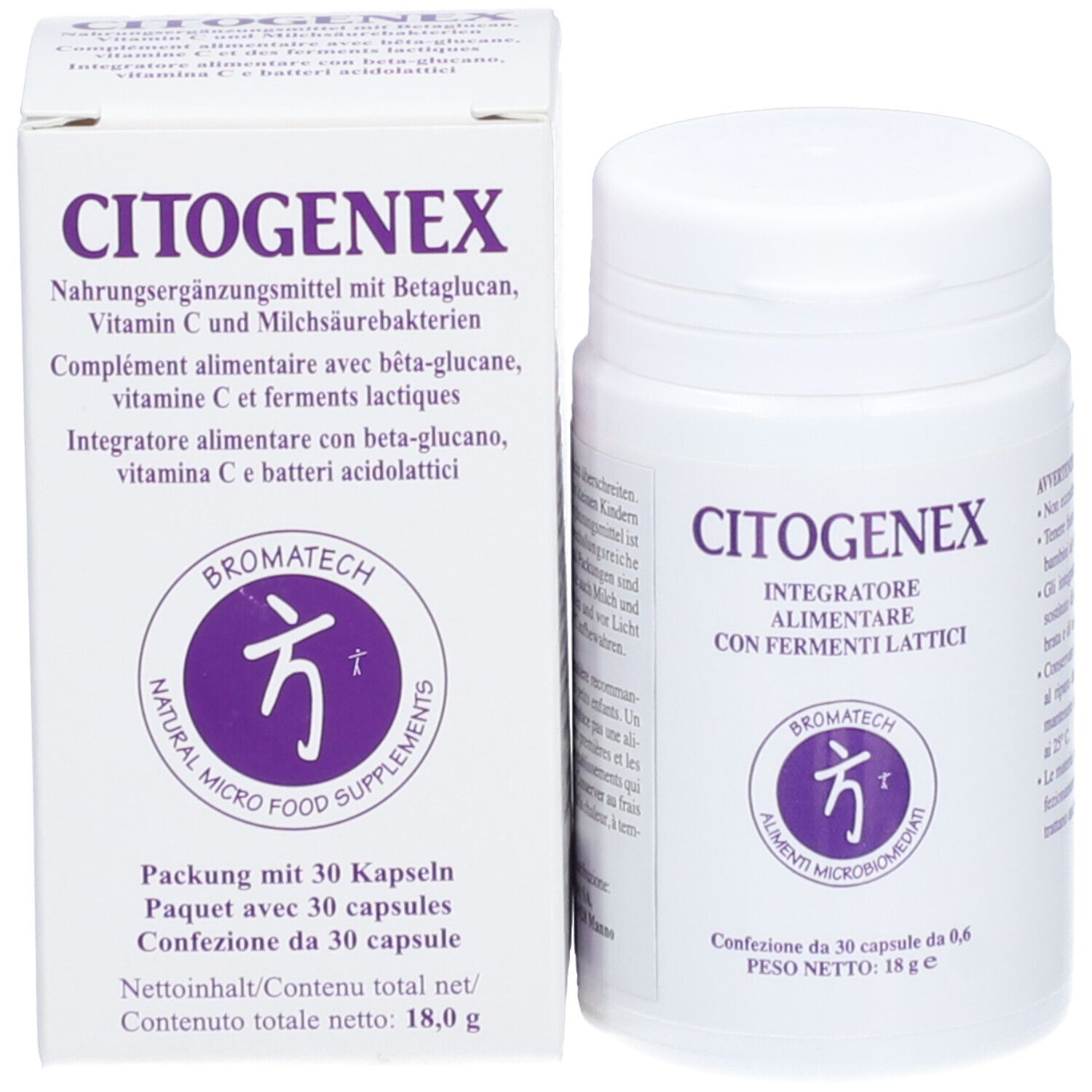 CITOGENEX-Packung und Flasche. Packung mit Text in Deutsch, Französisch und Italienisch. Logo Bromatech.