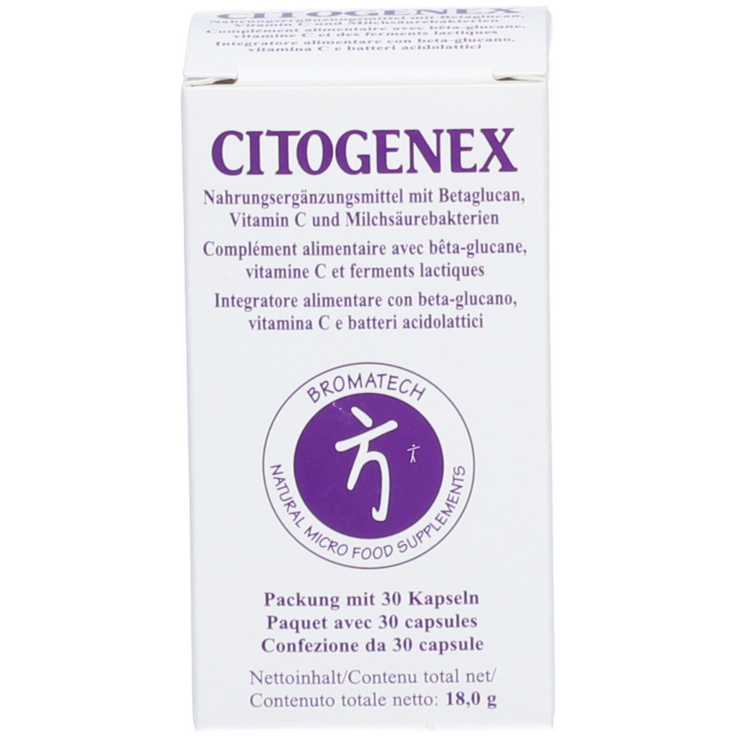 CITOGENEX-Packung. Text in Deutsch, Französisch und Italienisch. Logo Bromatech.