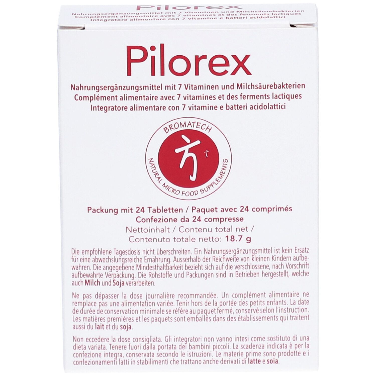 Boîte blanche Pilorex avec logo rouge. Contient 24 comprimés. Informations multilingues sur le produit.