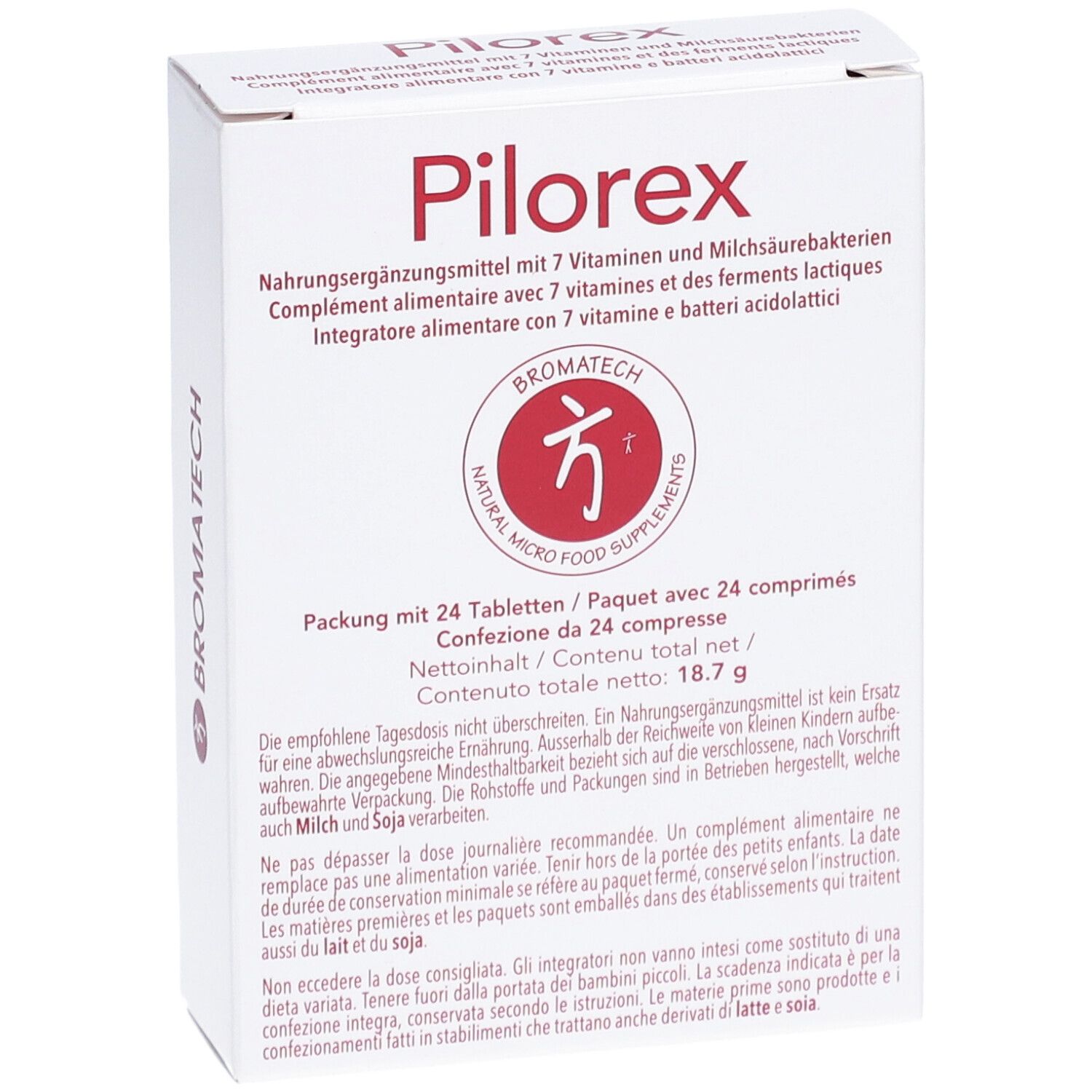 Boîte blanche Pilorex avec logo rouge. Contient 24 comprimés. Informations multilingues sur le produit.
