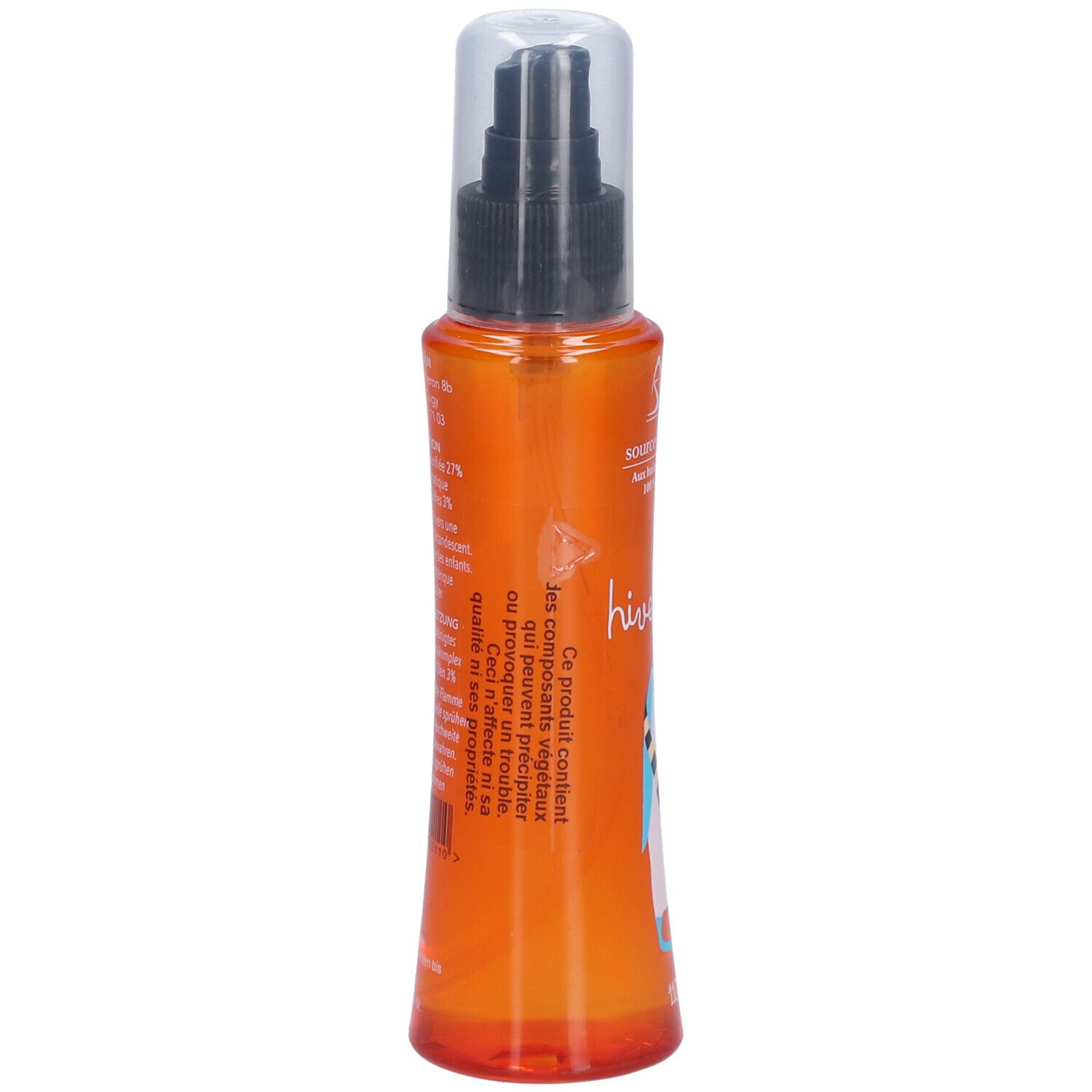 Rückansicht der orangefarbenen Sprühflasche. Text auf Französisch. Enthält einen Pinguin-Aufkleber.