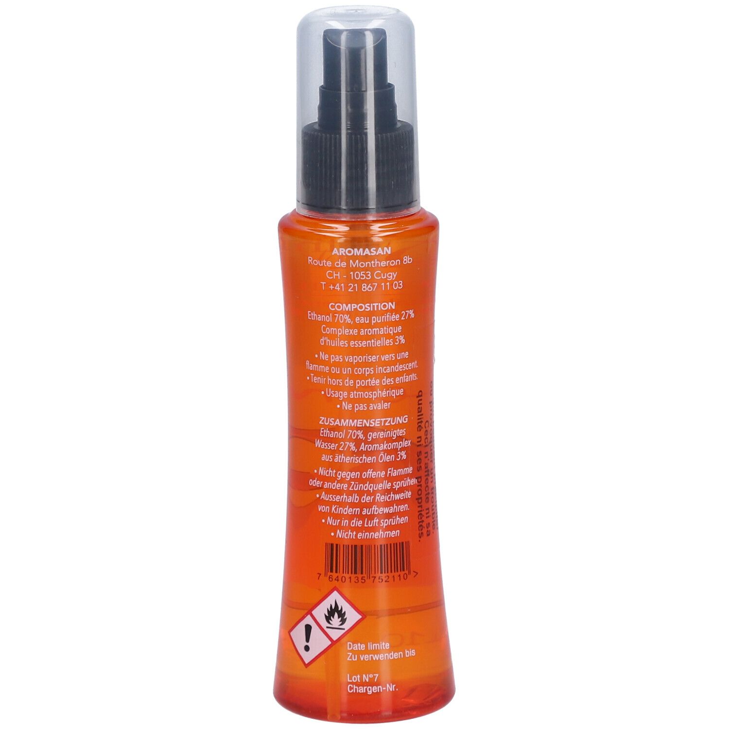 Rückansicht der orangefarbenen Sprühflasche. Text in Deutsch und Französisch. Enthält eine Warnung und Inhaltsstoffe.