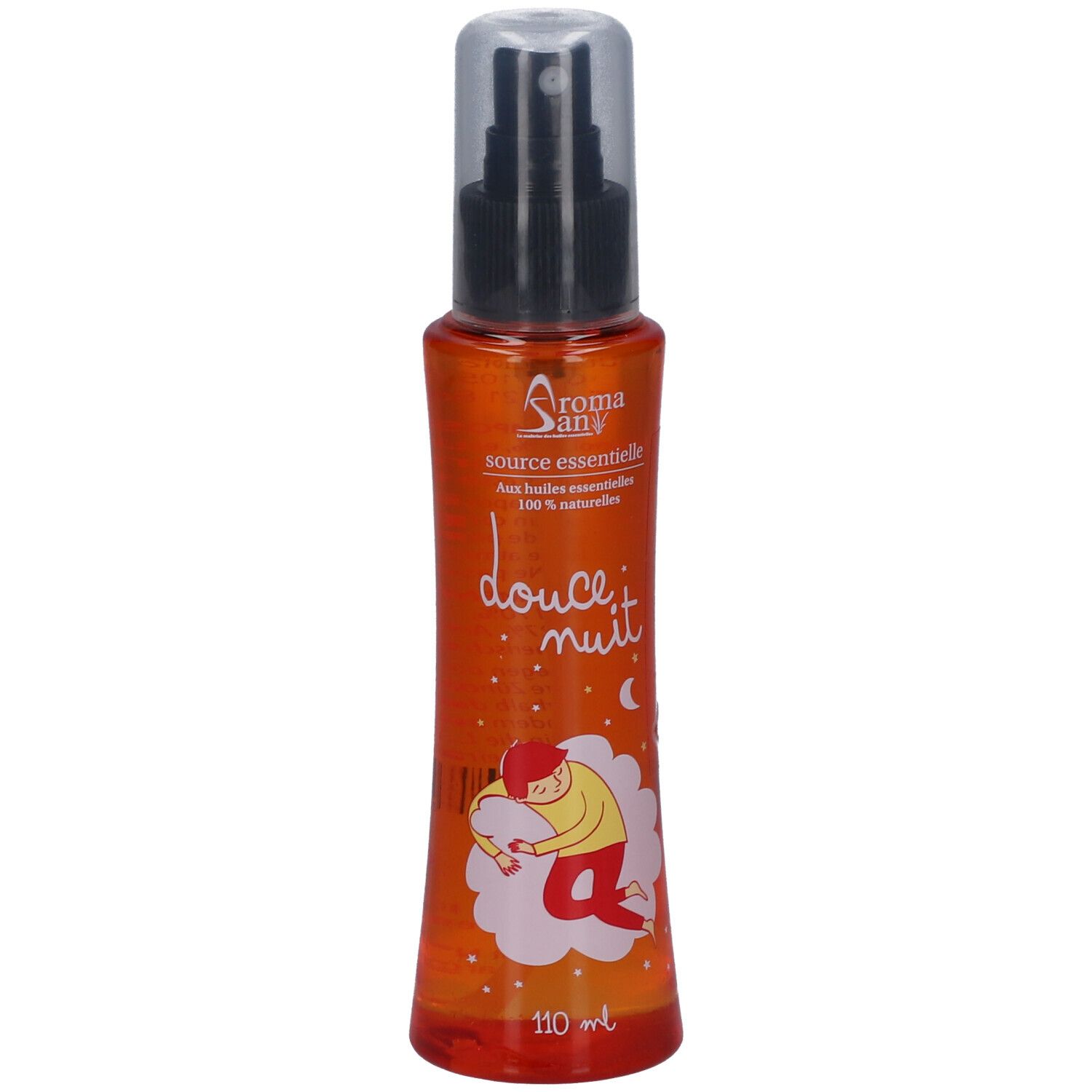 Orangefarbene Sprühflasche mit schwarzem Sprühkopf. Aufschrift "douce nuit" und Illustration eines schlafenden Kindes.