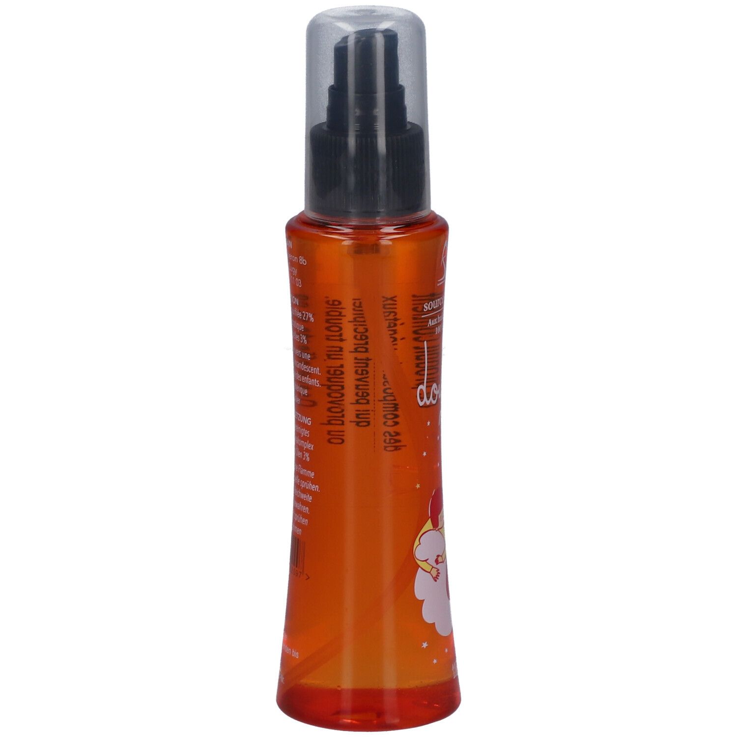 Orangefarbene Sprühflasche, Rückseite mit Text. Enthält Informationen über Zusammensetzung und Warnhinweise.