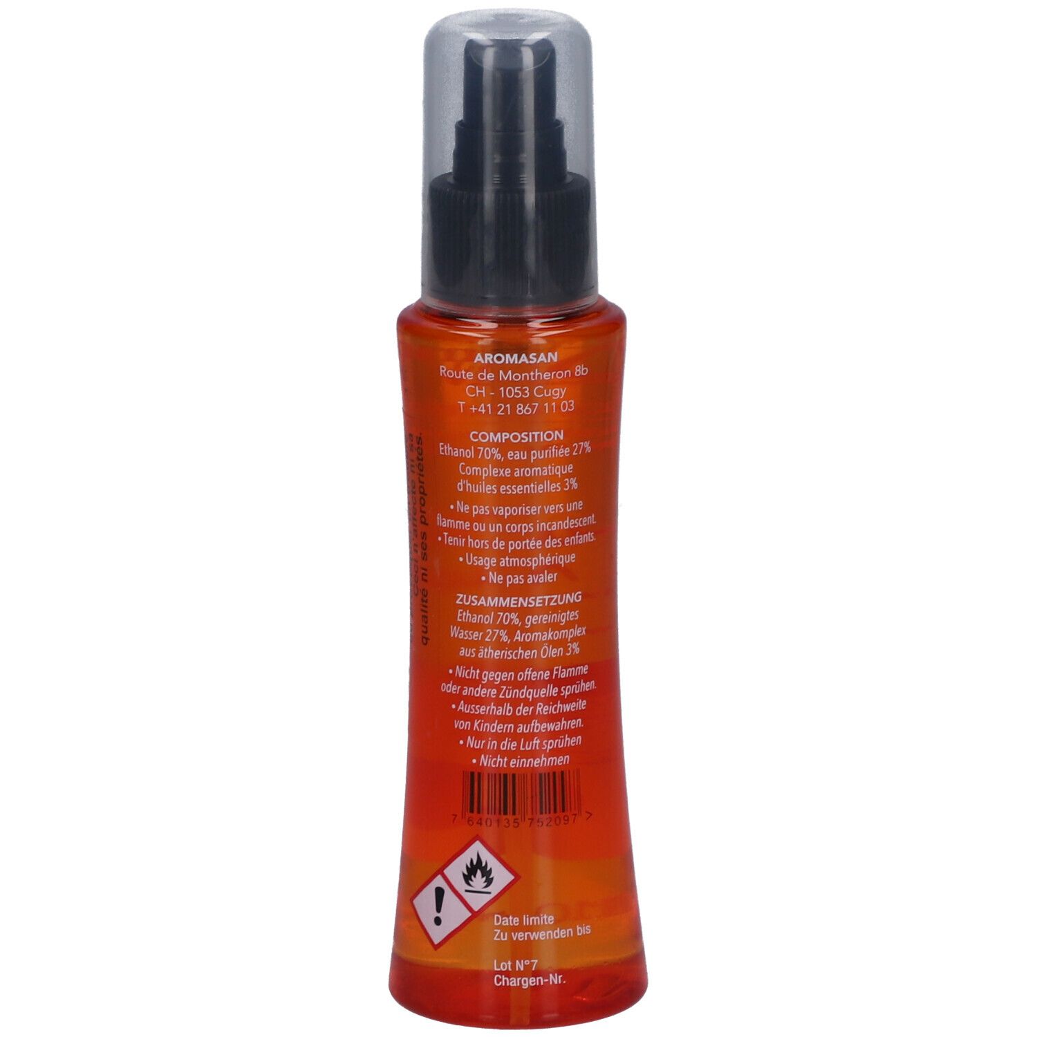 Rückansicht der orangefarbenen Sprühflasche. Text mit Inhaltsstoffen, Warnhinweisen und Herstellerinformationen.