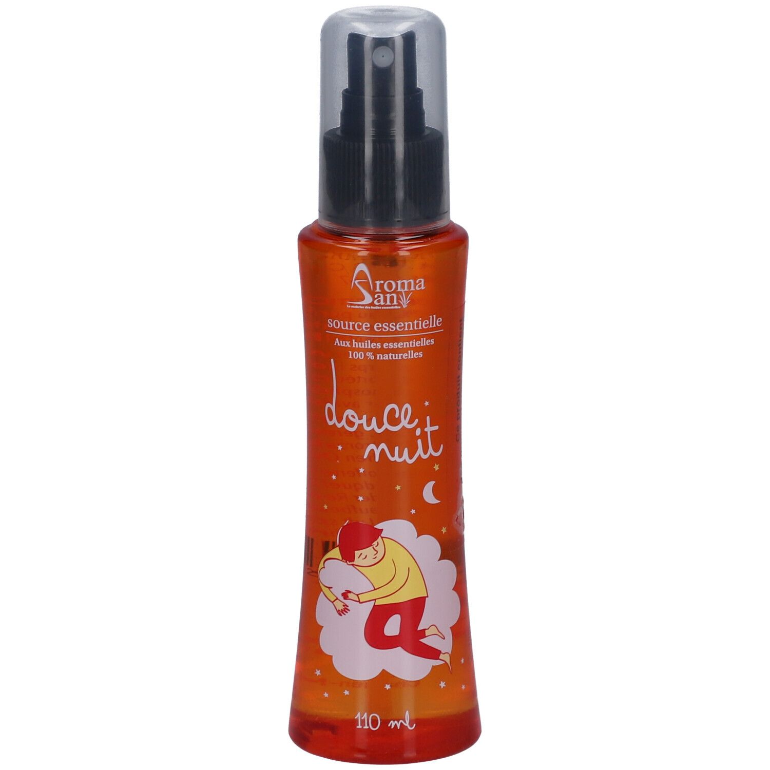 Orangefarbene Sprühflasche mit schwarzem Sprühkopf. Aufschrift "douce nuit" und Illustration eines Kindes.