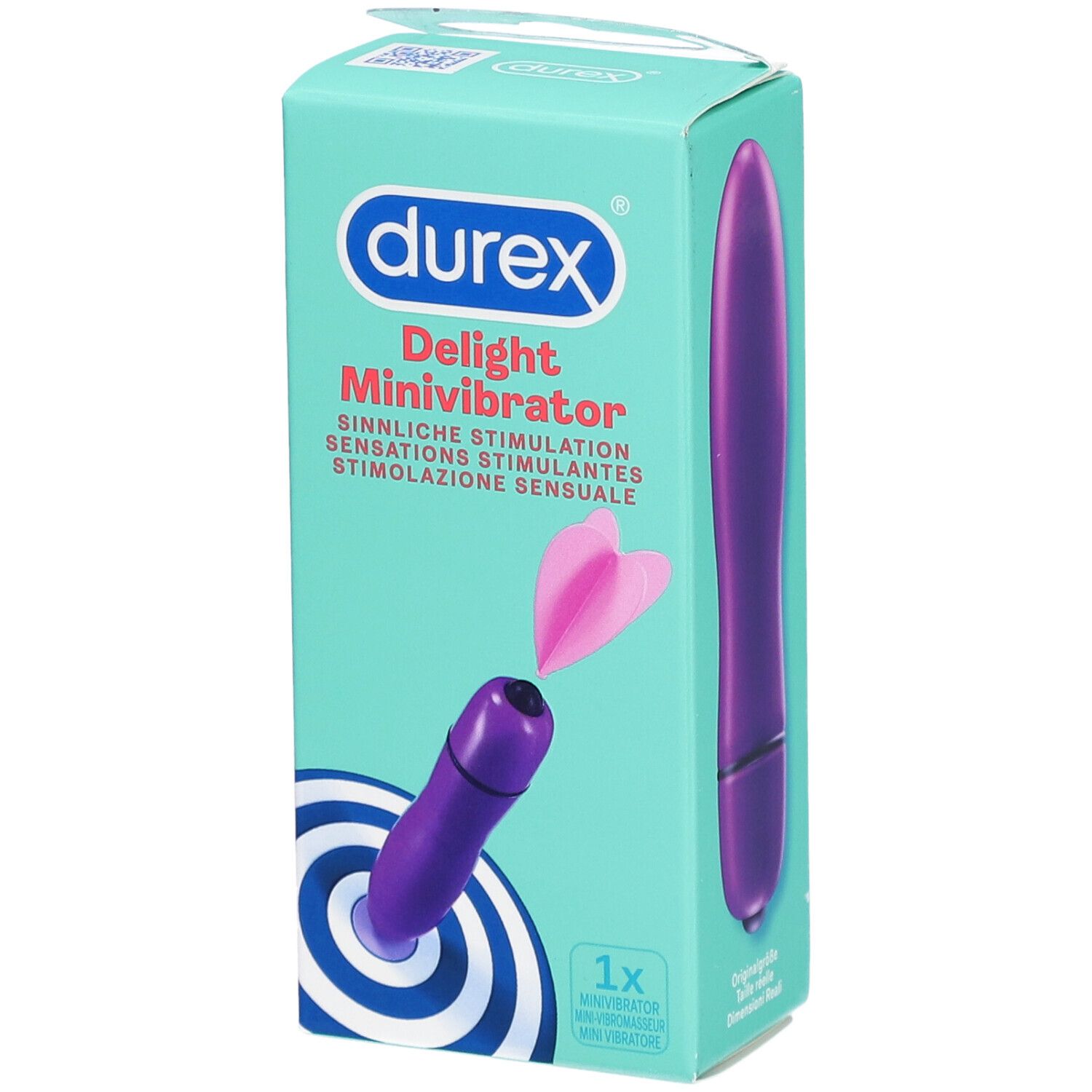 Verpackung mit lila DUREX® Delight Mini Vibrator. Produktabbildung und Text: Sinnliche Stimulation.
