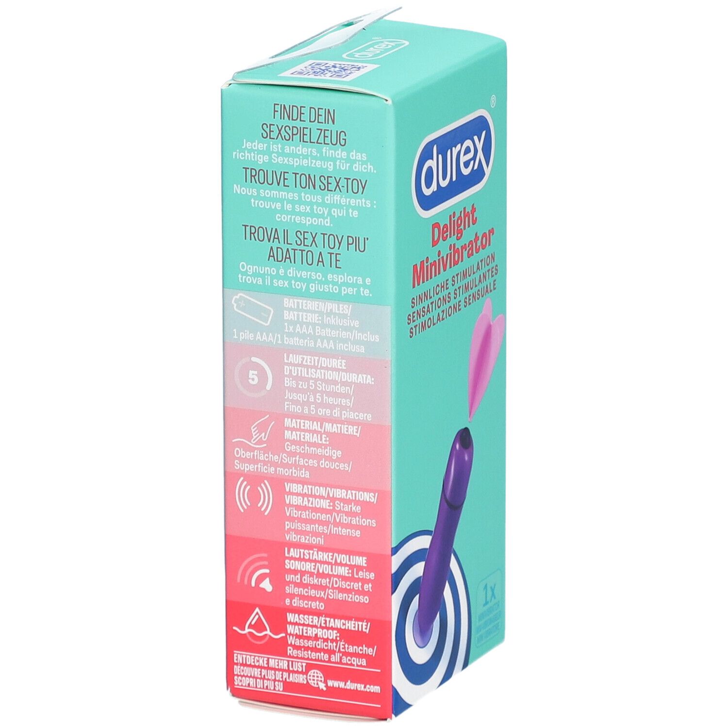 Verpackung DUREX® Delight Mini Vibrator. Seitenansicht mit Produktinformationen und Illustrationen.