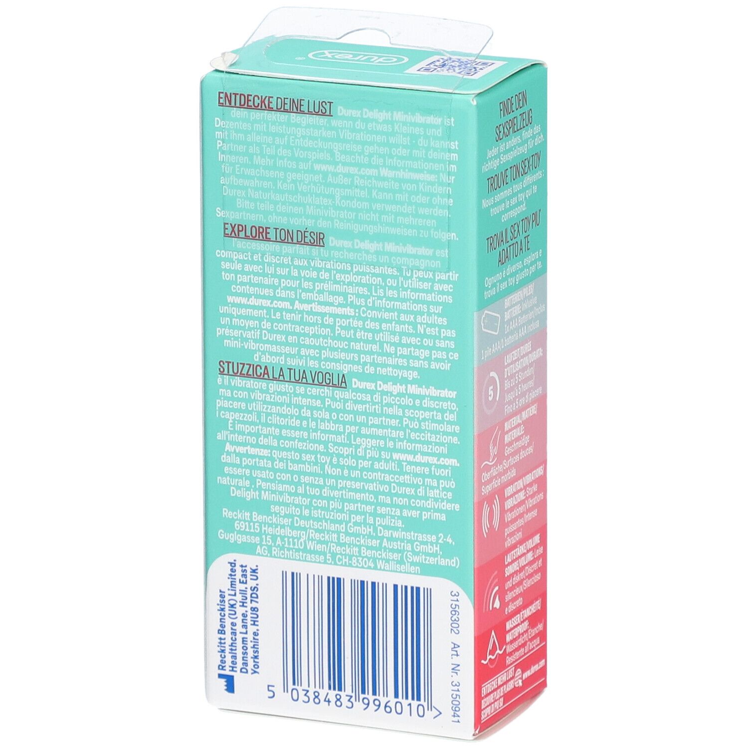 Verpackung DUREX® Delight Mini Vibrator. Rückseite mit Text und Barcode.