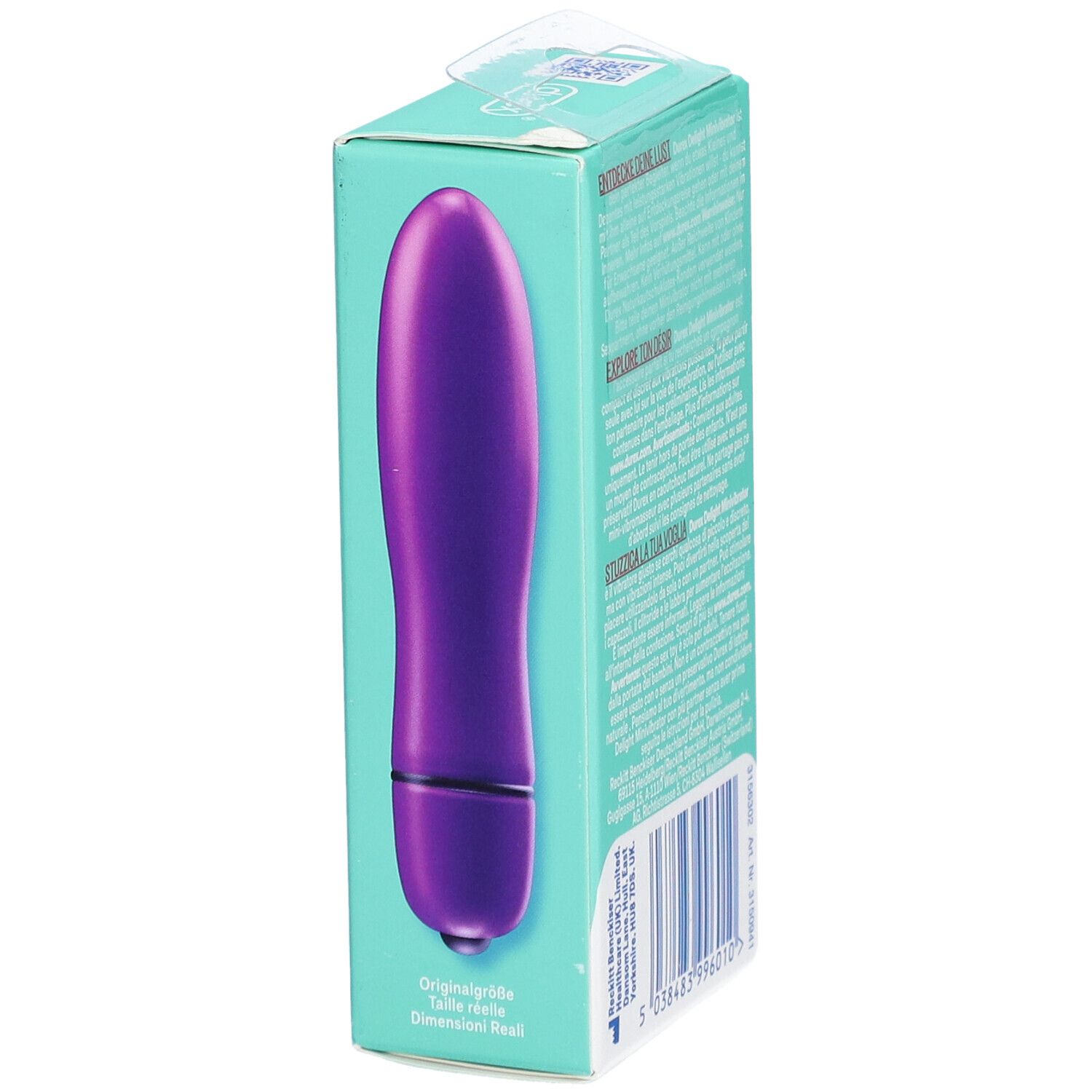 Verpackung DUREX® Delight Mini Vibrator. Seitenansicht mit Produktabbildung.
