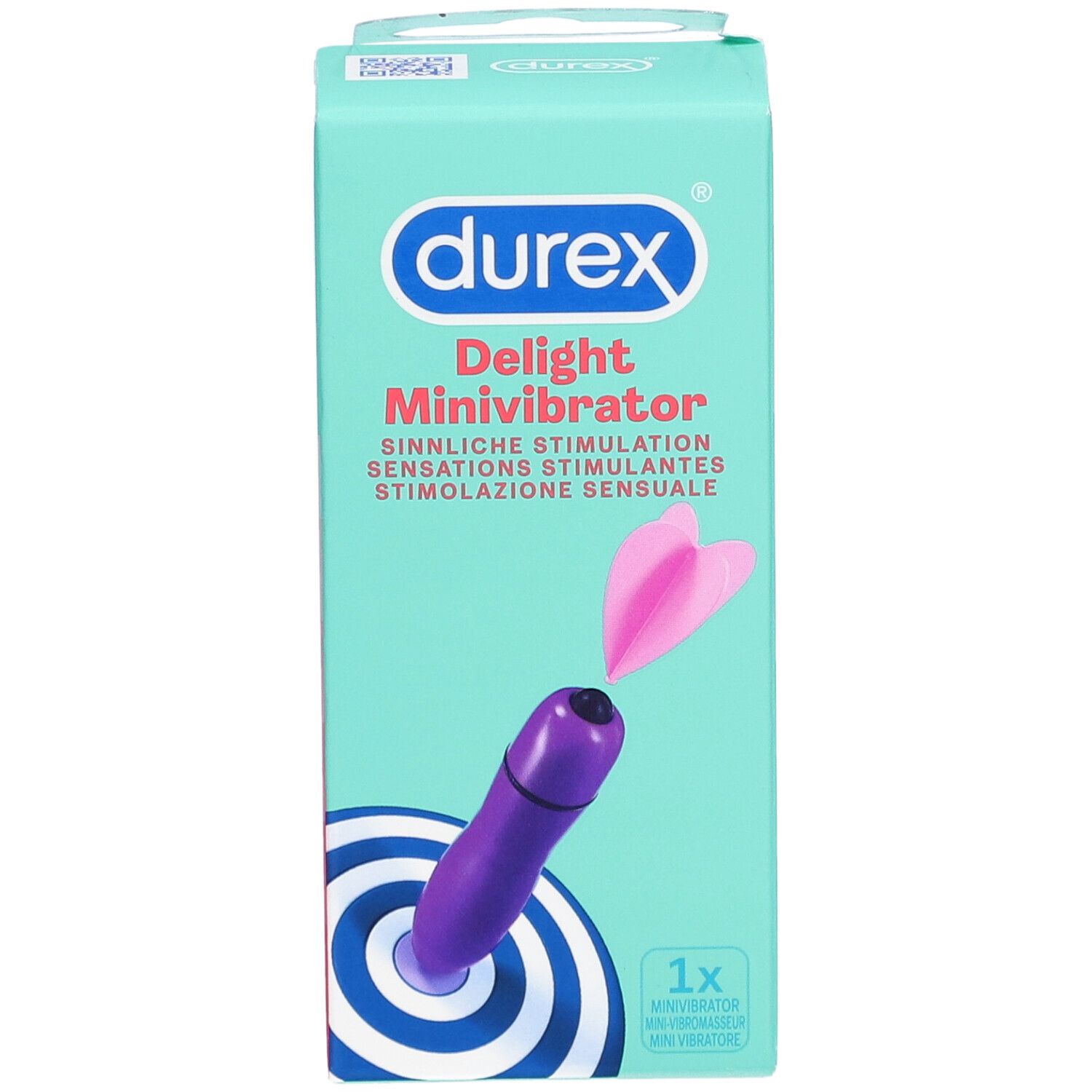 Verpackung DUREX® Delight Mini Vibrator. Vorderansicht mit Produktabbildung und Text.