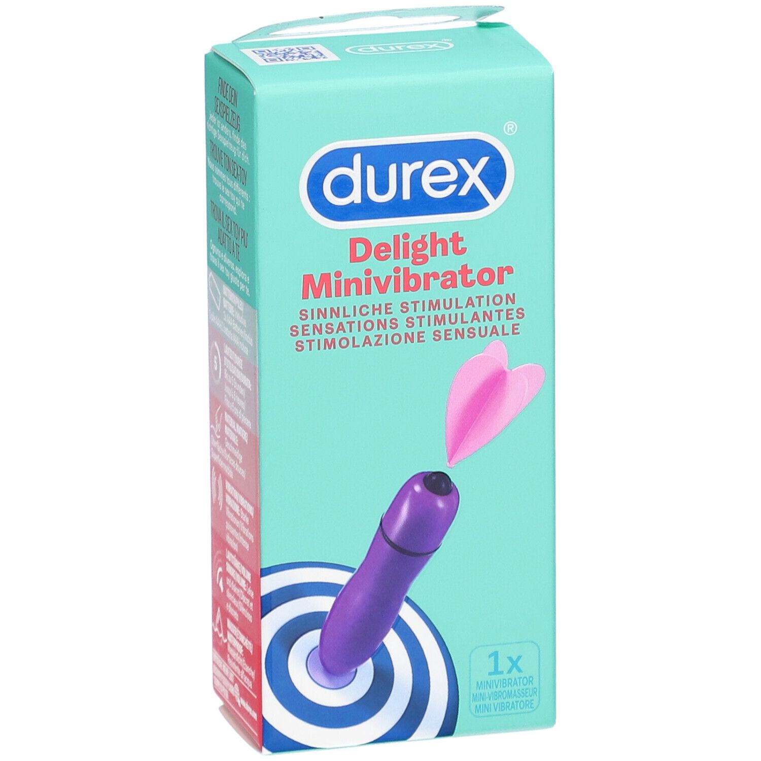 Verpackung DUREX® Delight Mini Vibrator. Vorderansicht mit Produktabbildung und Text.