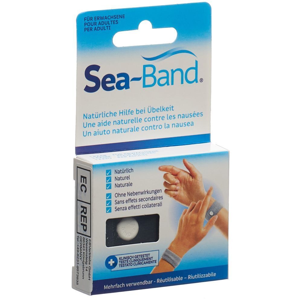 Emballage Sea-Band. Texte: Aide naturelle contre les nausées. Illustration: Bracelet sur le poignet.
