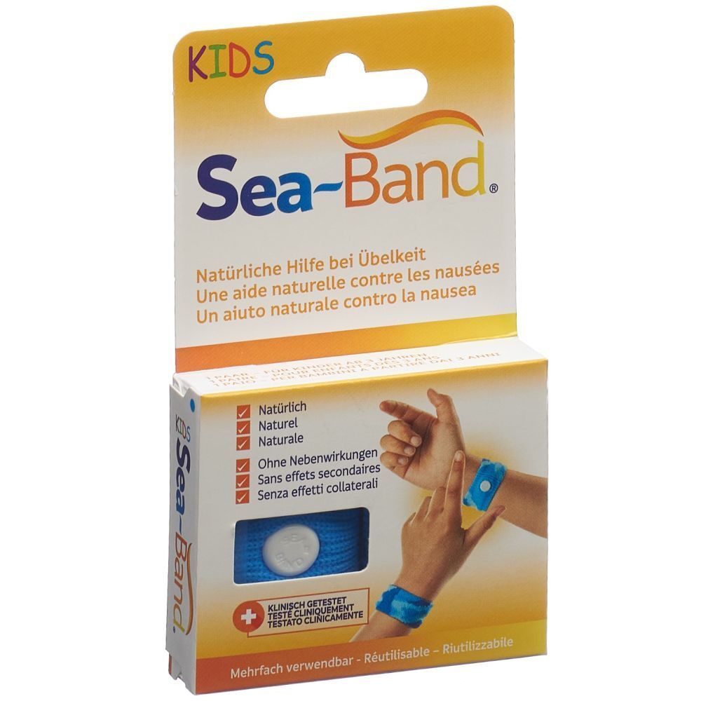 Verpackung mit Armbändern. Text: Sea-Band, natürliche Hilfe bei Übelkeit. Blaues Armband auf Hand abgebildet.