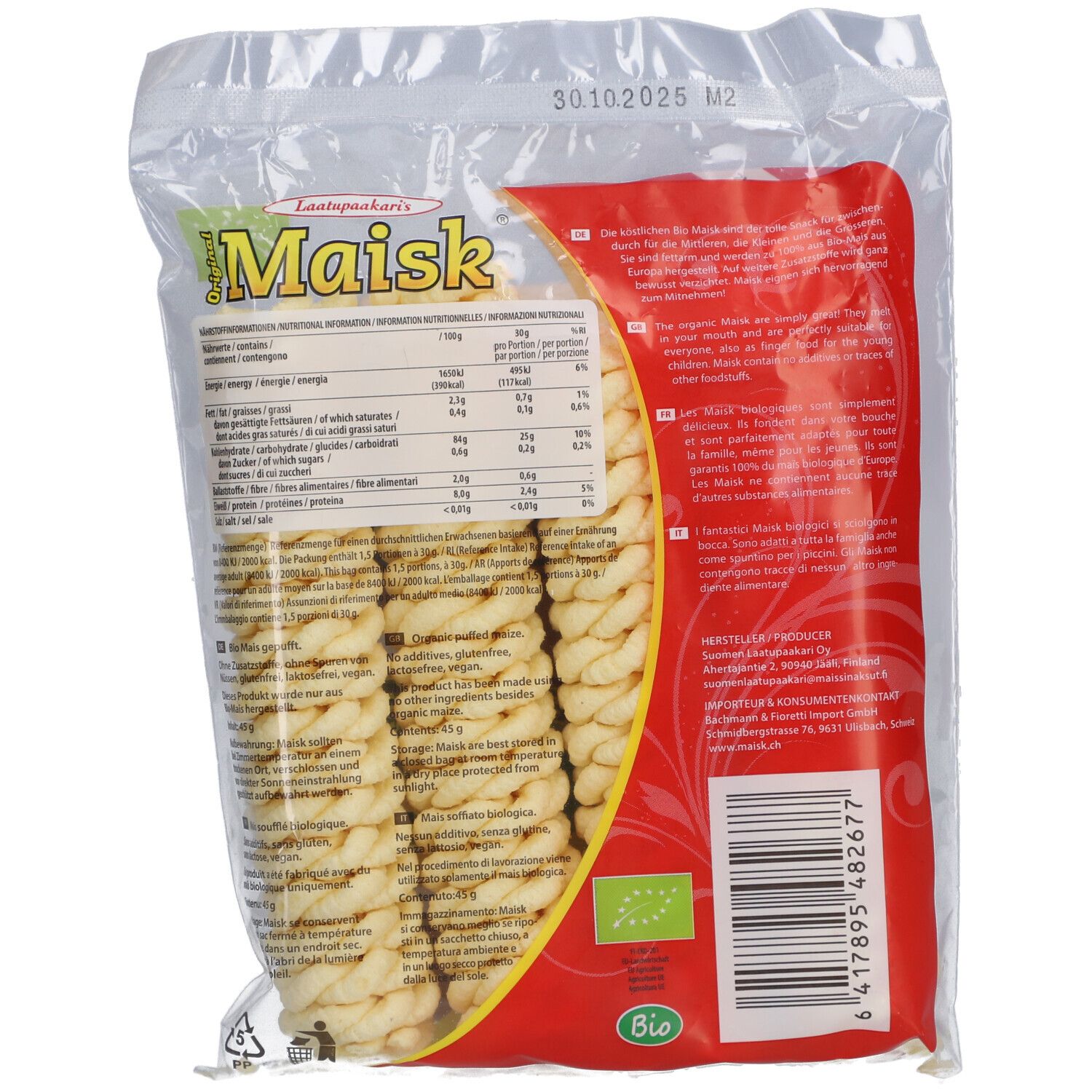 Dos du paquet de Maisk. Inscriptions: informations nutritionnelles, label Bio. Barres de maïs visibles.
