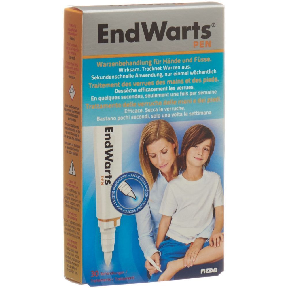 Verpackung von EndWarts PEN. Enthält eine Frau und ein Kind. Auf der Verpackung steht "Warzenbehandlung für Hände und Füße".